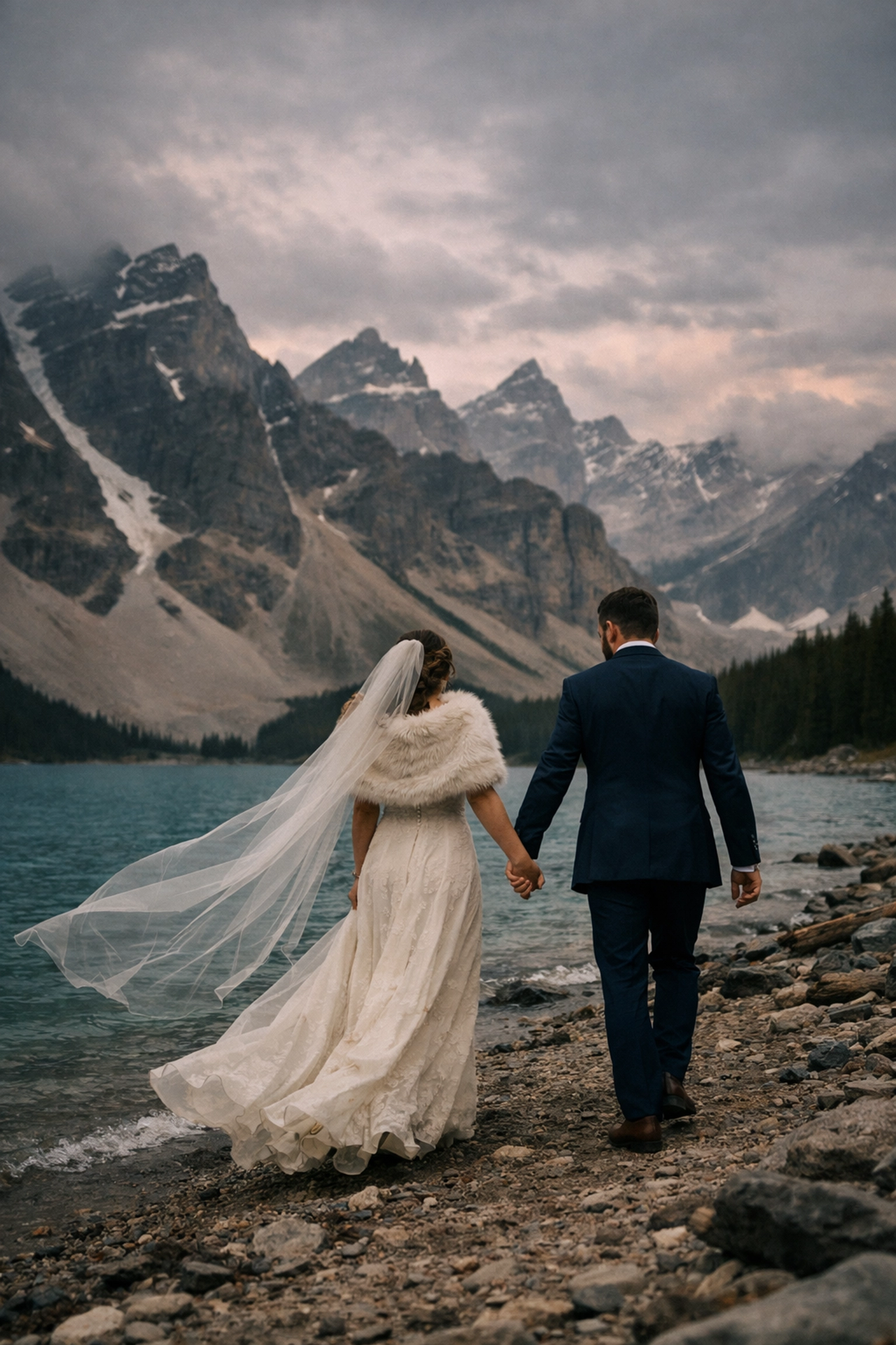 Couple walking along turquoise mountain lake after Banff elopement ceremony