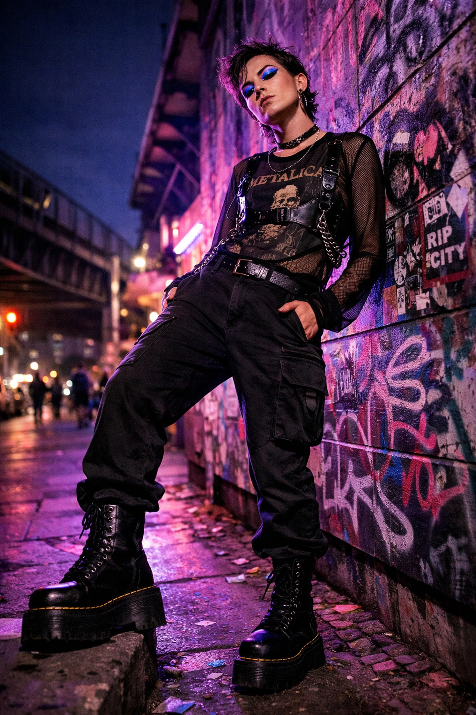 Queer street style in Berlin featuring edgy industrial fashion with harness and platform boots