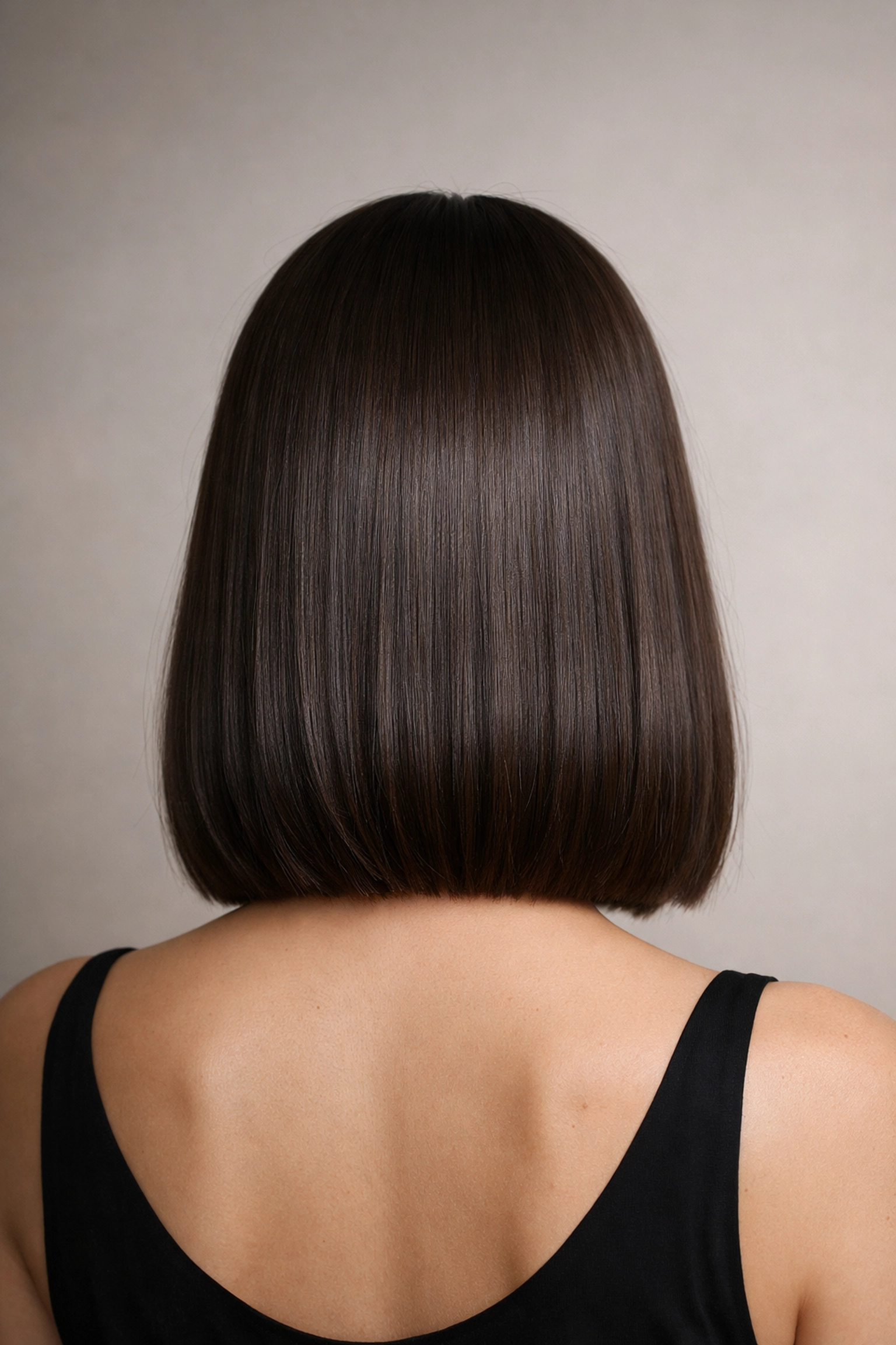 Precision one-length blunt cut on glossy espresso brown hair for a dramatic transformation.