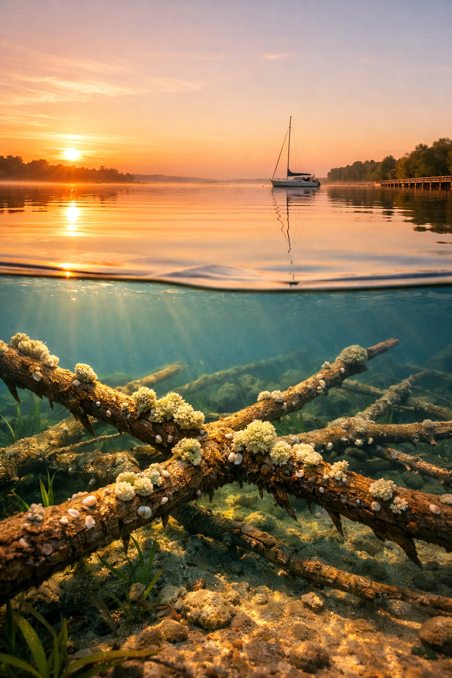 Halbe-Halbe-Aufnahme des Goitzschesees bei Sonnenaufgang mit klarer Sicht auf Unterwasserpflanzen und Äste.