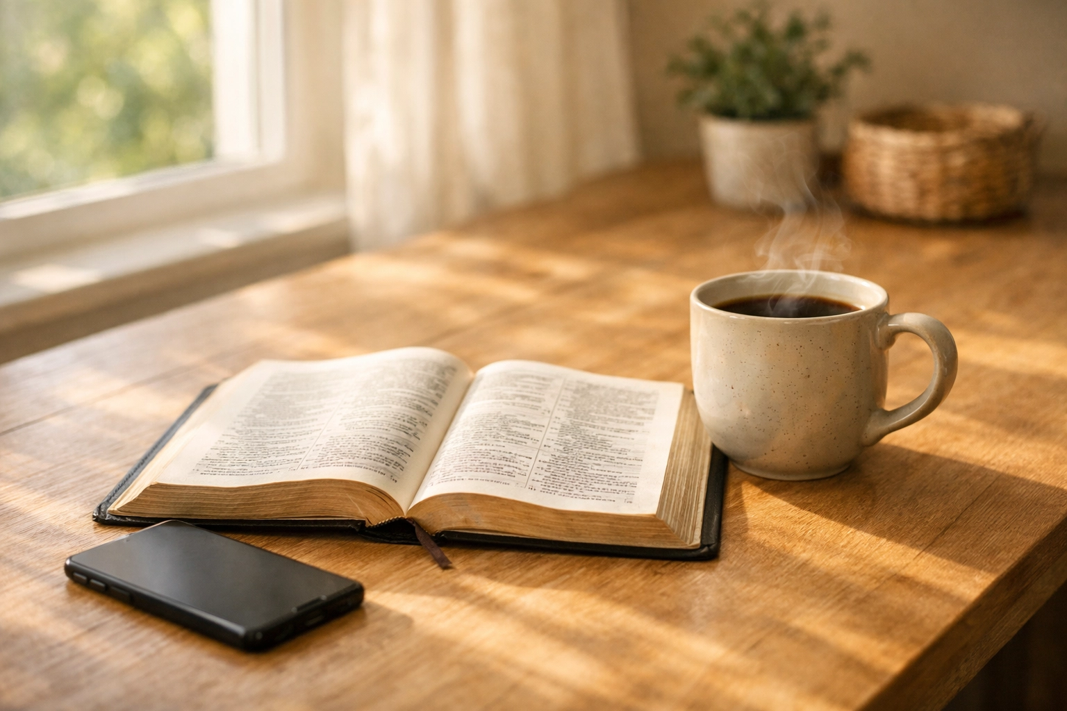 Open Bible and coffee, symbolizing spiritual peace and response to the 5 PM news headlines.