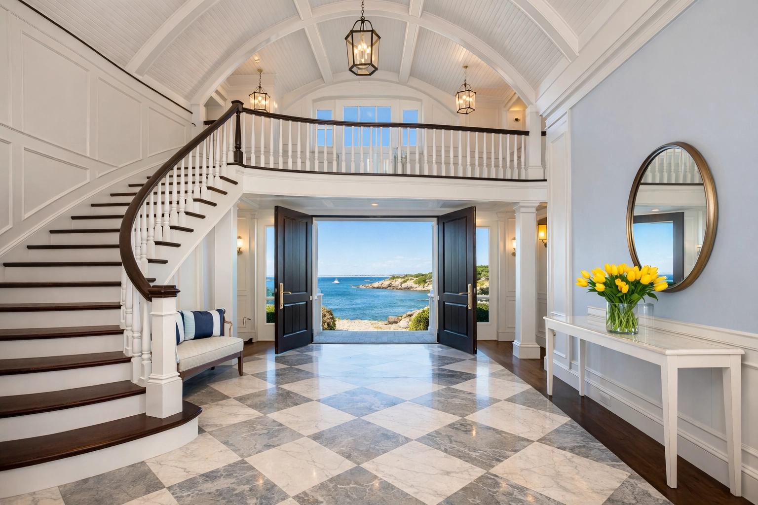 Impeccably clean luxury foyer in a coastal Marblehead Harbor Estate with ocean views.