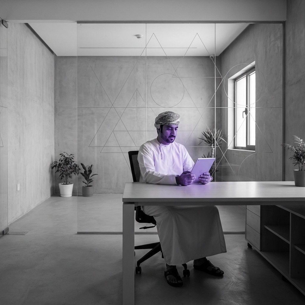 Omani small business owner using digital technology, illustrating AI adoption and digital readiness among SMEs in Oman.
