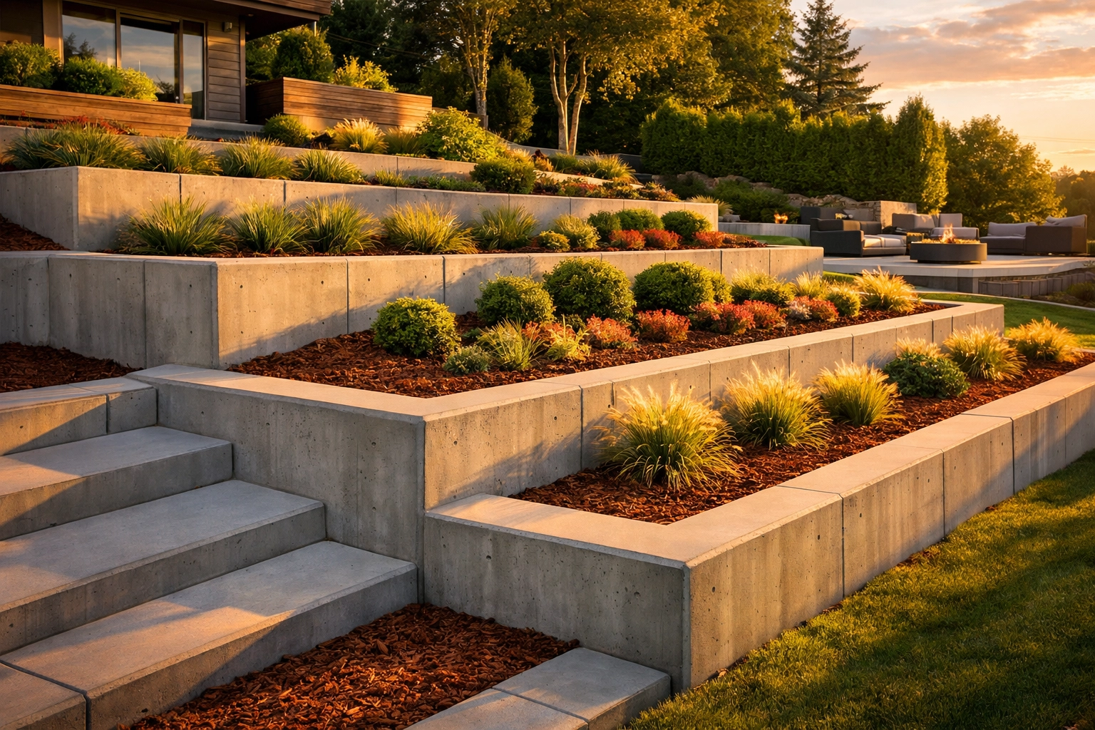 Professionally installed multi-tiered concrete retaining walls in a high-end residential landscape.