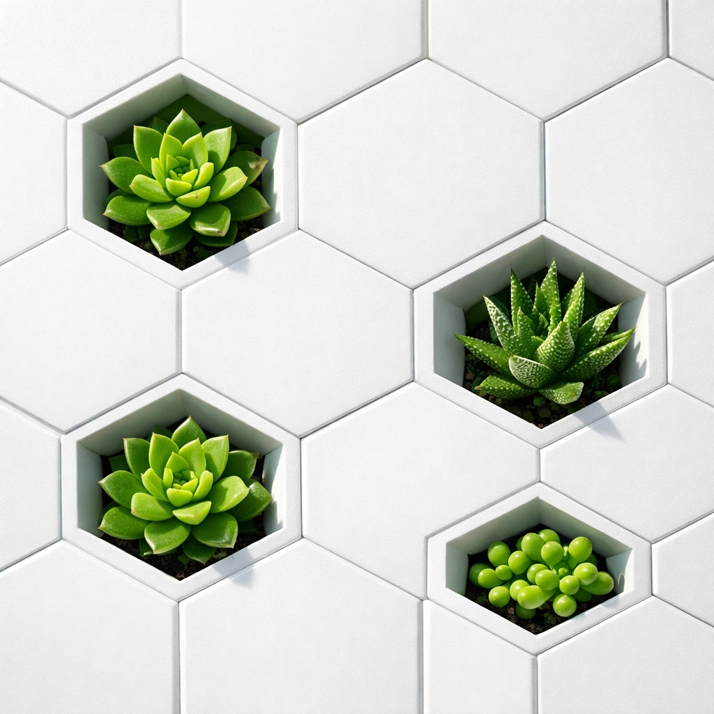 Structured hexagonal wall with green plants representing a strategic internal linking system for websites.