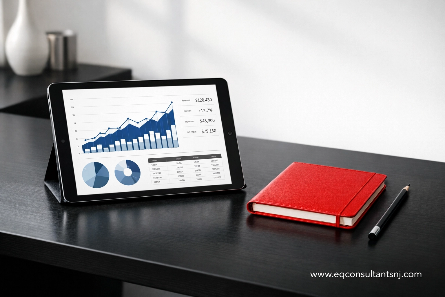 Organized digital financial charts on a minimalist desk representing professional bookkeeping cleanup services in NJ.
