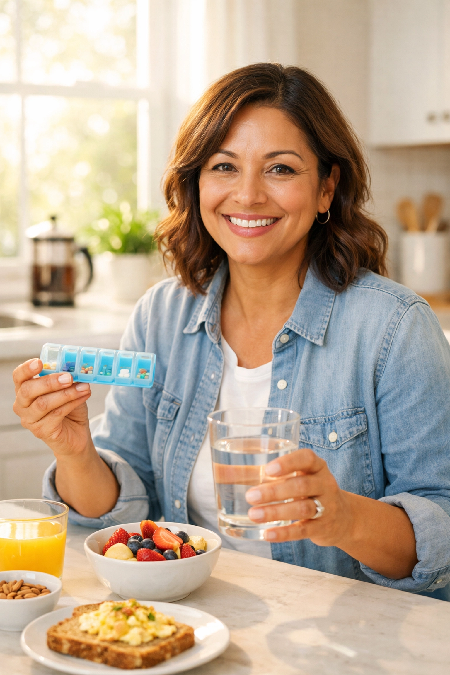 Woman taking daily oral weight loss medication at home with water