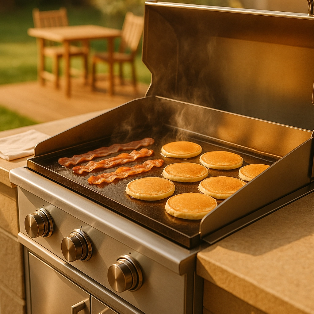Modern outdoor kitchen with stainless steel natural gas griddle cooking bacon and pancakes on a sunny patio