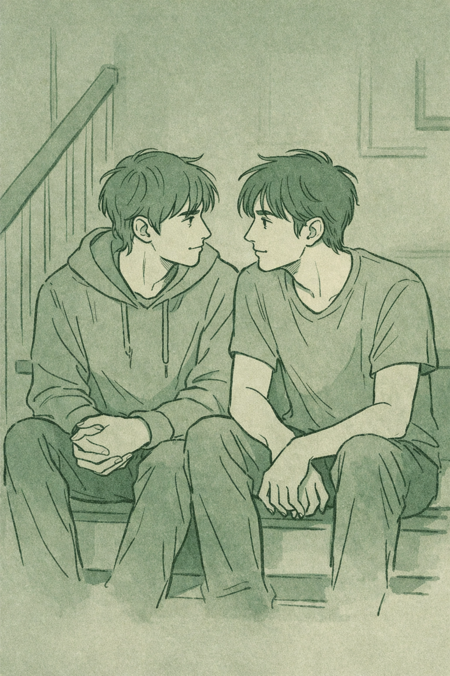 Step-brothers in intimate conversation on stairs exploring forbidden gay romance
