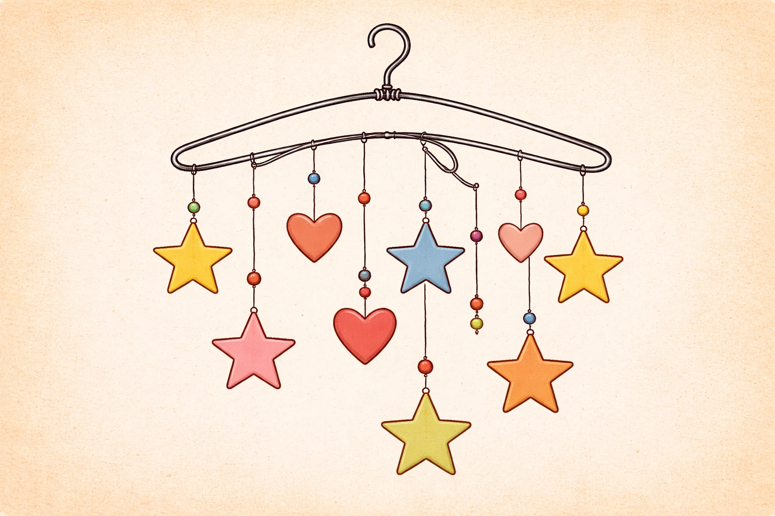 Finished balancing mobile with colorful stars and hearts dangling from a wire hanger, perfect for a kids' room display.