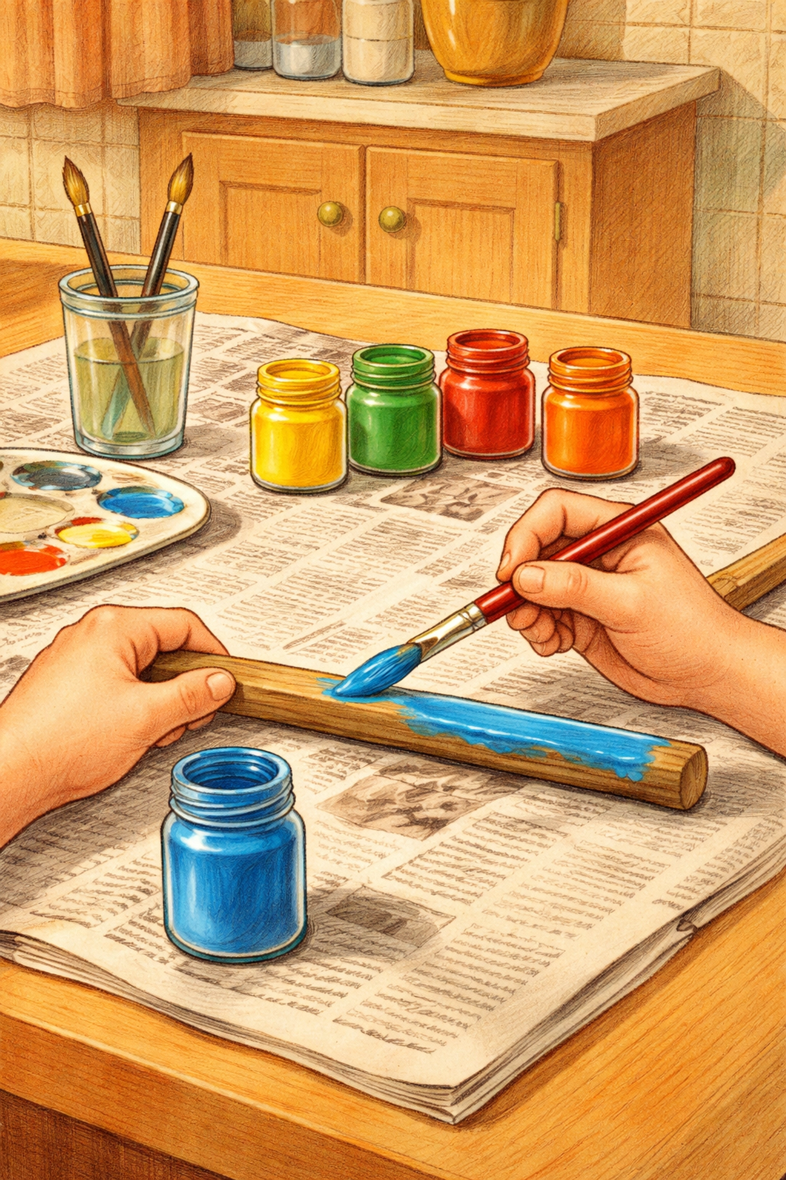 Child painting a wooden stick blue for homemade garden marker at a kitchen table, family craft project