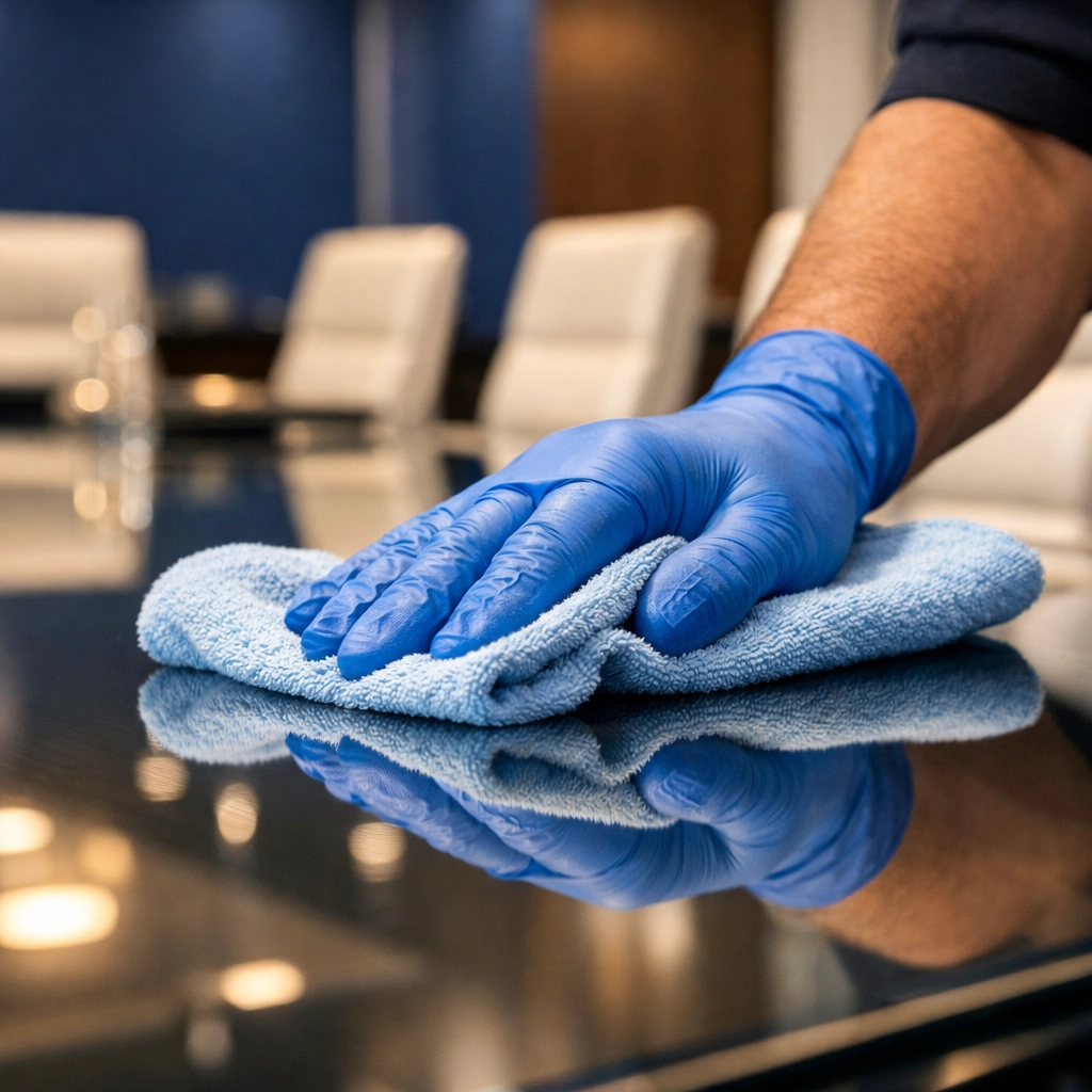 Close-up of a professional polishing a conference table for commercial cleaning in Milford.