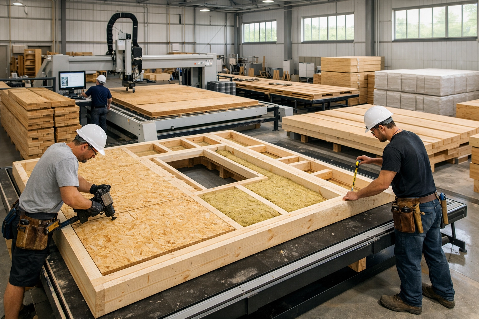 Factory construction of modular home wall panels with precision equipment and minimal waste