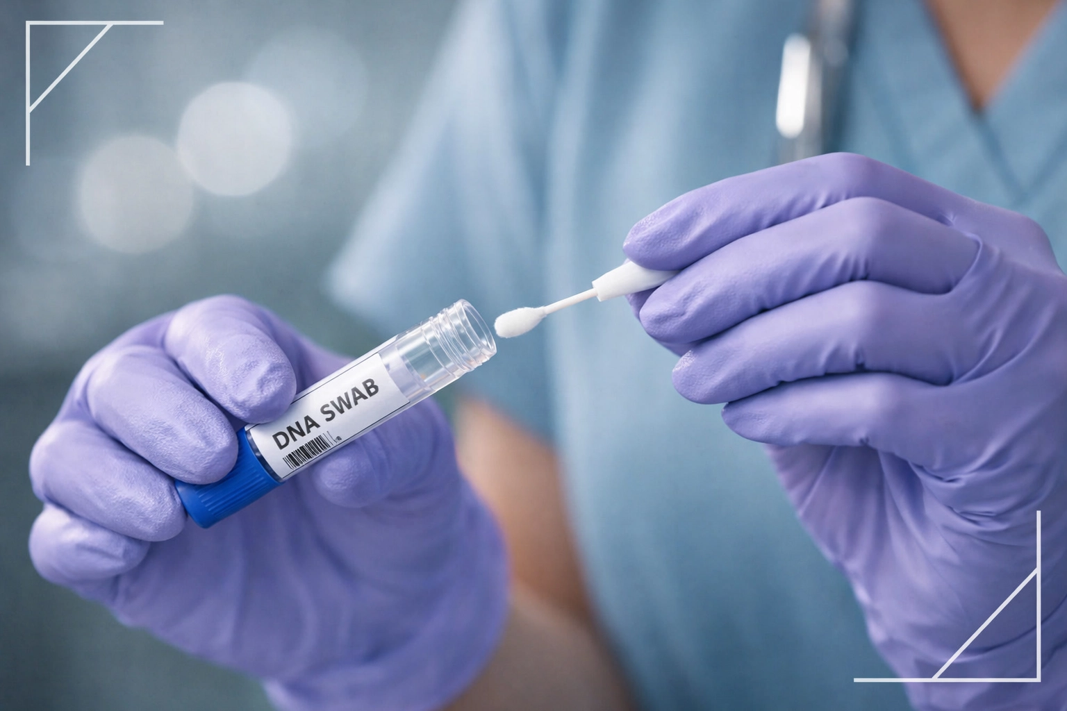 Experienced RN handling a sterile DNA collection swab for accurate paternity testing.