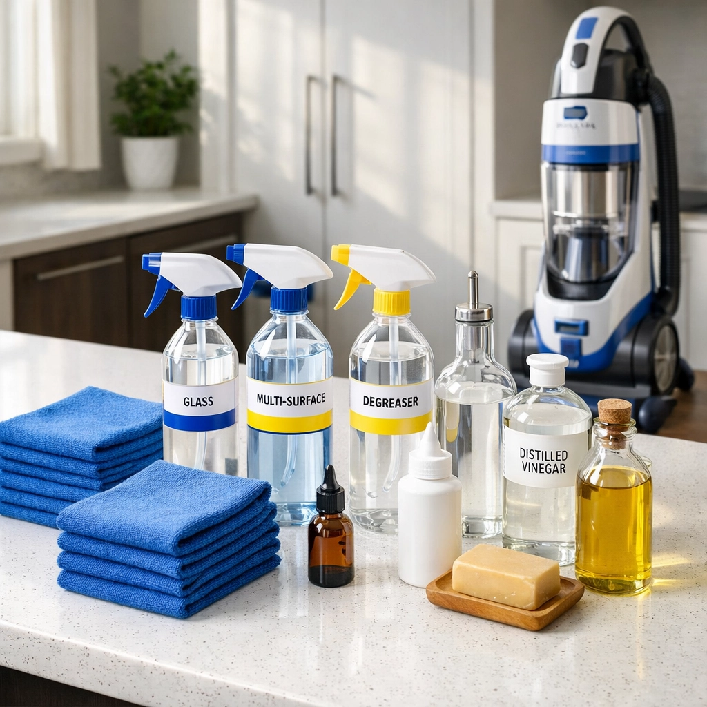Professional cleaning supplies and eco-friendly equipment used by top-rated cleaning services near me.