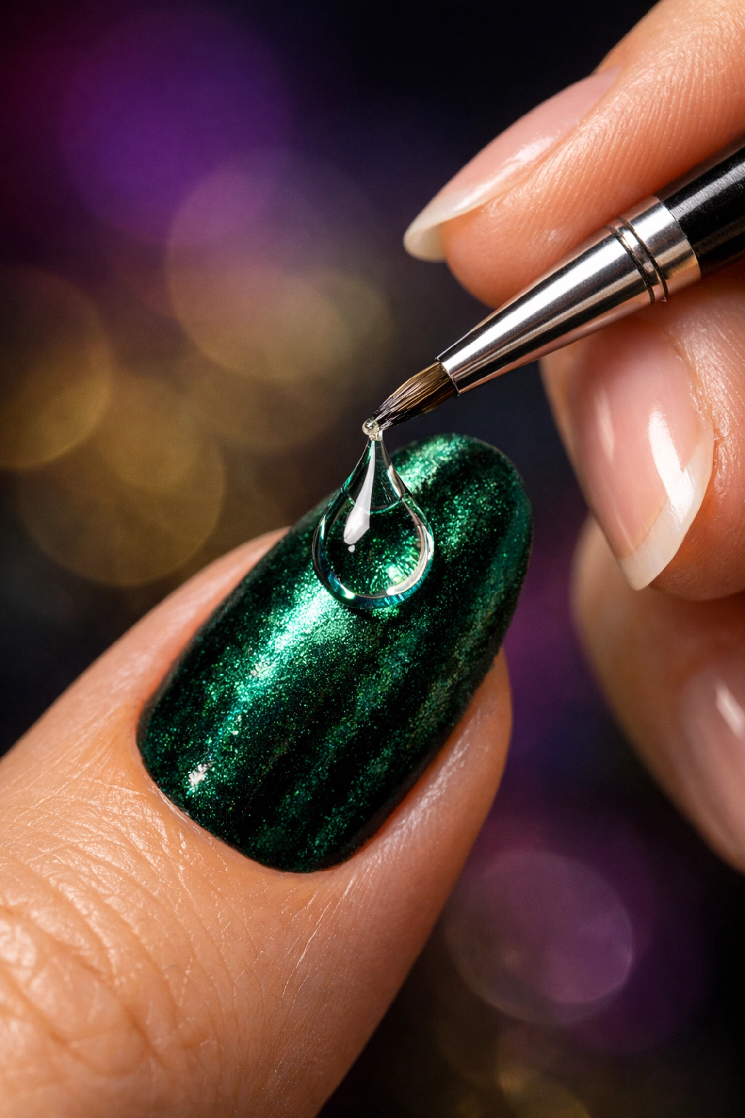 Nail artist sculpting 3D gel droplets on emerald green velvet nails in a Boston salon.