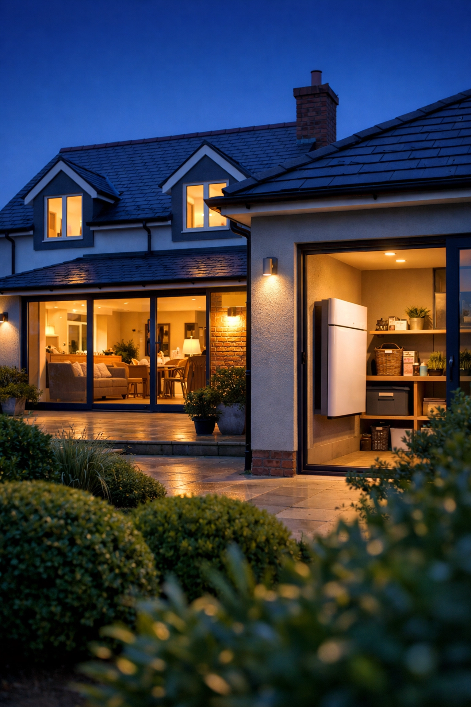 Contemporary British home at dusk with smart solar battery storage for energy self-sufficiency.