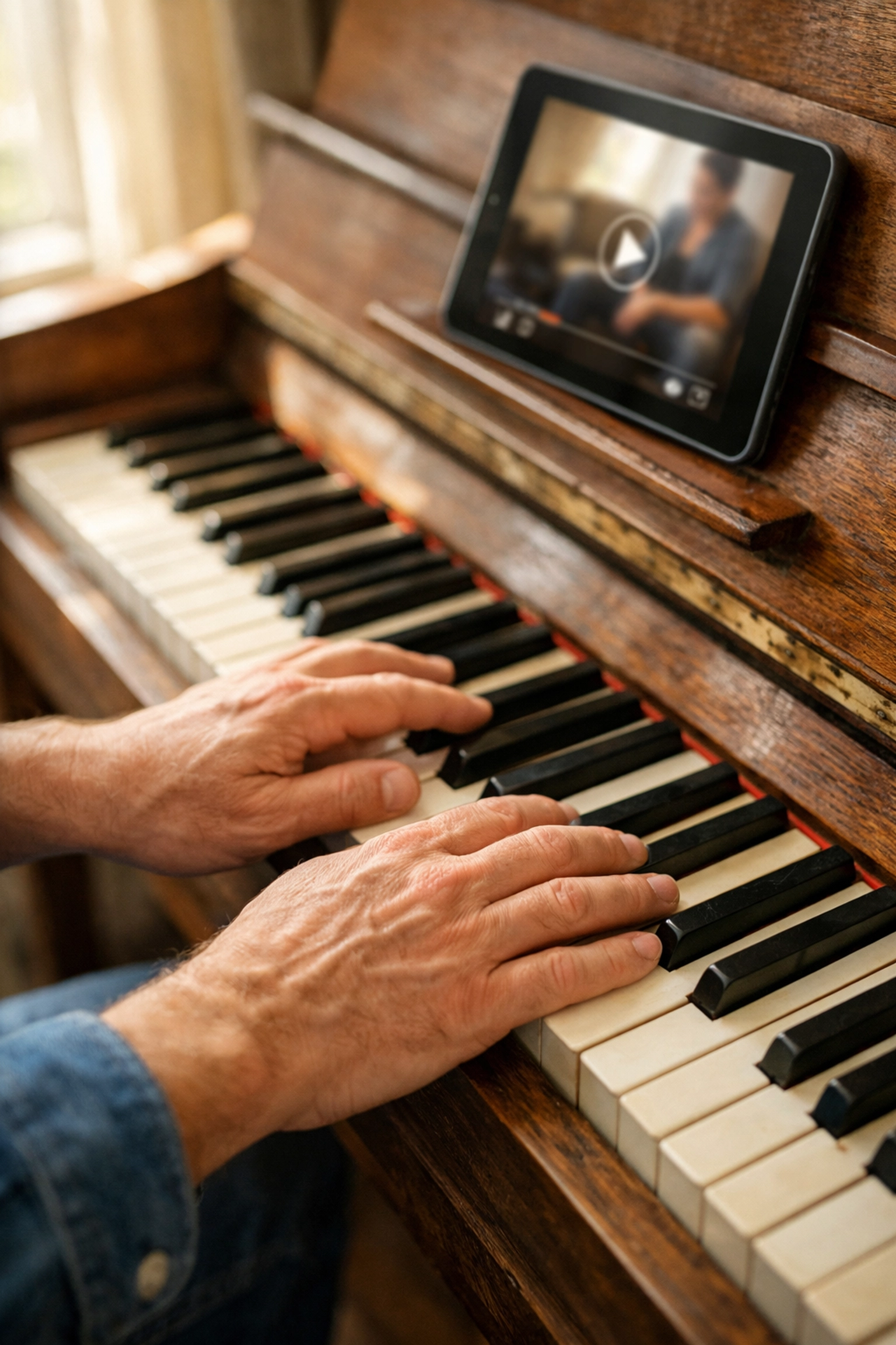 Adult student practicing piano at home while balancing video tutorials and active practice.
