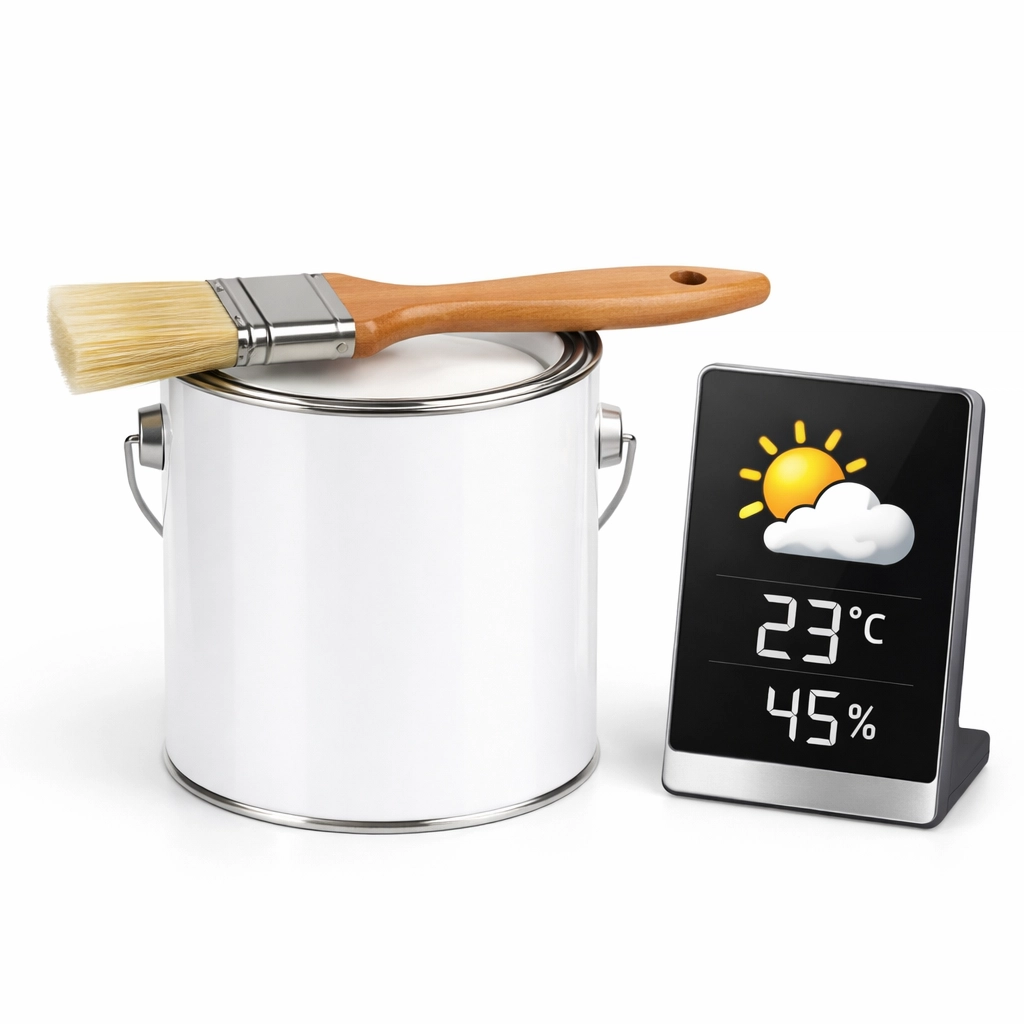 Painting tools and a weather station for timing exterior decorating projects in Gloucestershire.