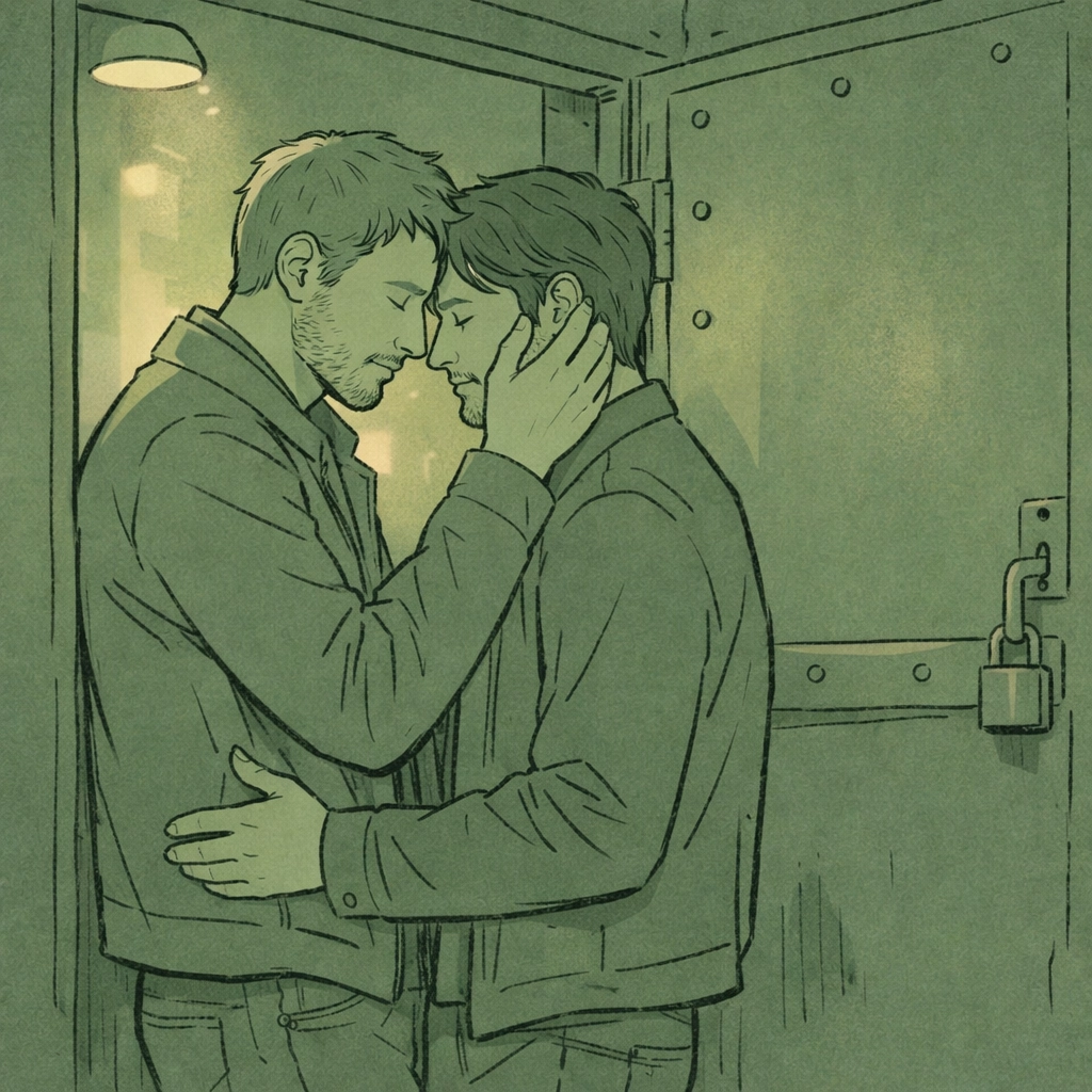 Two men embrace intimately at entrance of gay fetish club venue with heavy door behind them