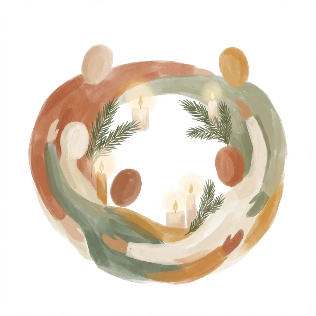 Abstract figures in a circle, embracing; calming pastel tones. Candles and greenery in the center evoke warmth and unity.