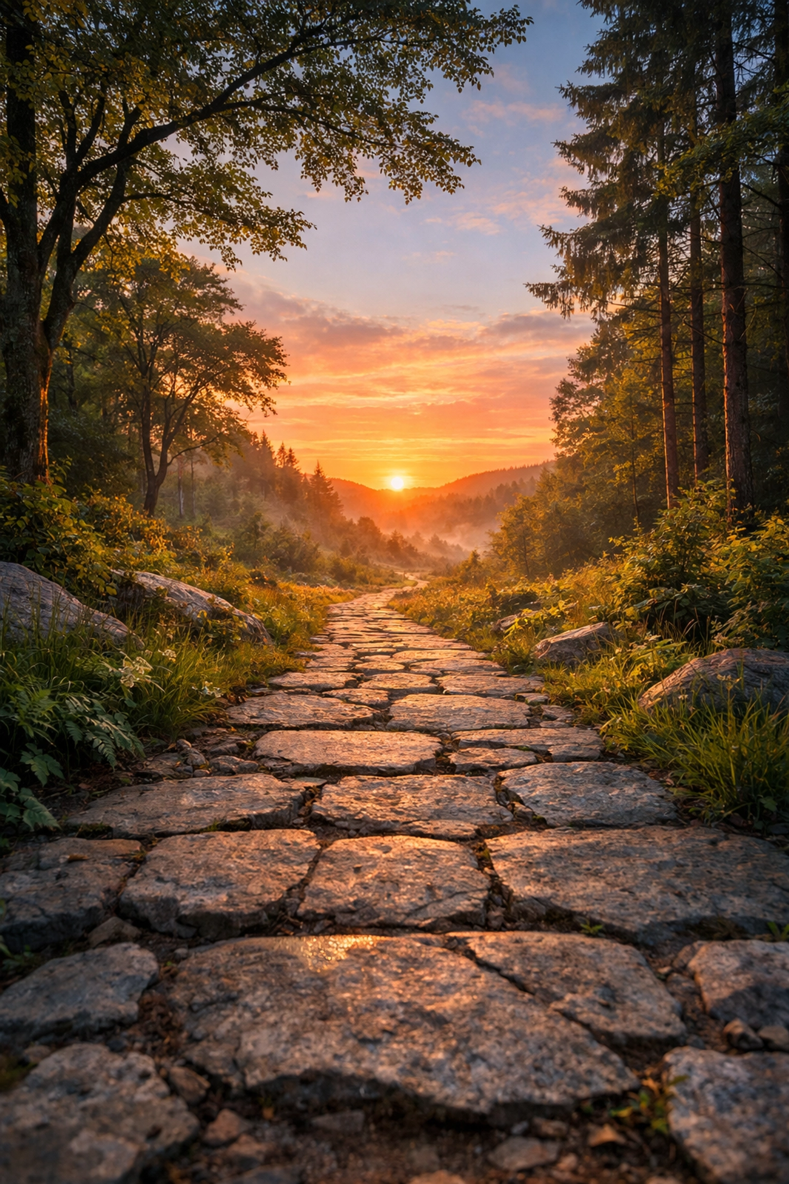 A winding stone path through a forest toward a sunrise, representing a journey of healing and restoration.