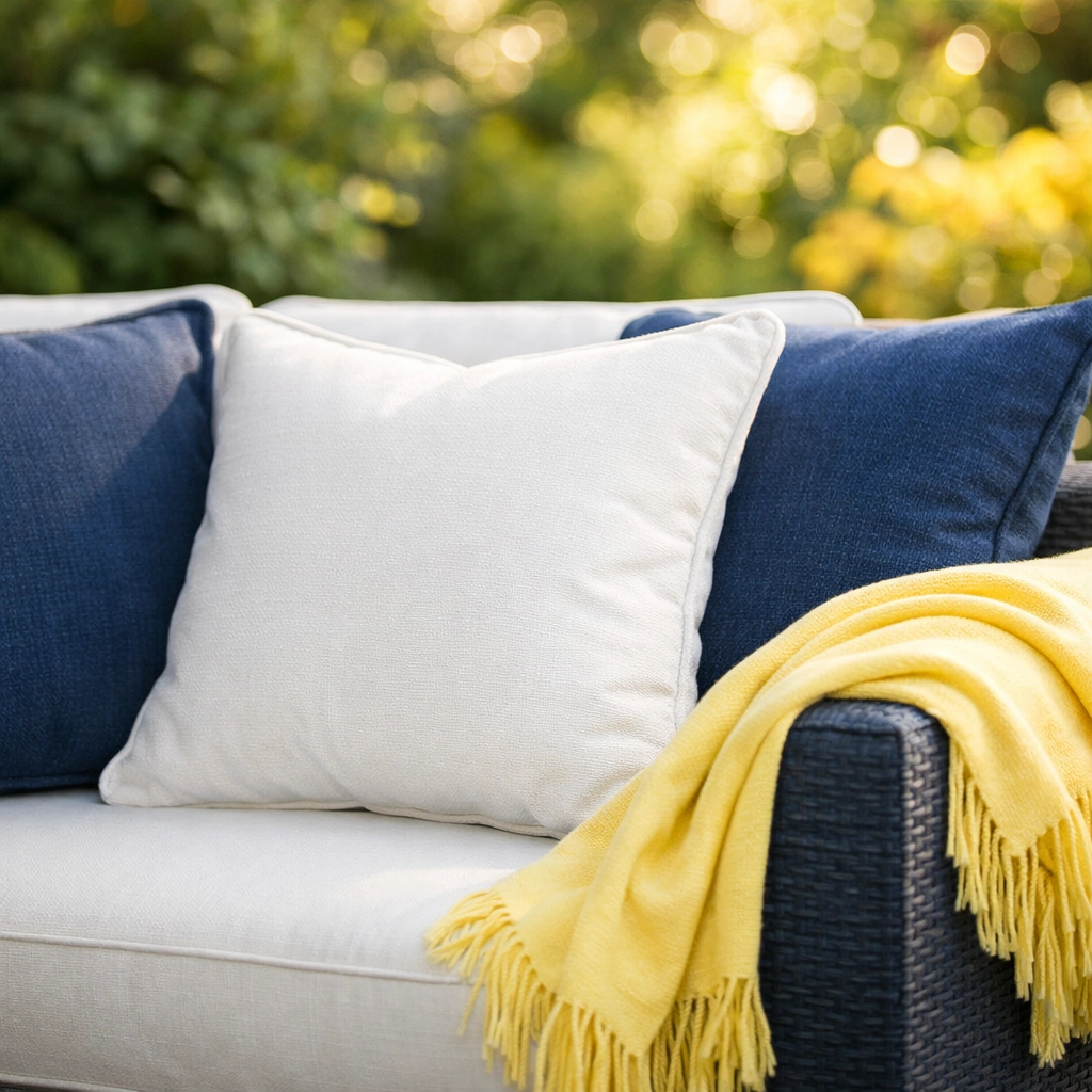 Freshly cleaned navy and white outdoor cushions on a plush sectional sofa in a garden.