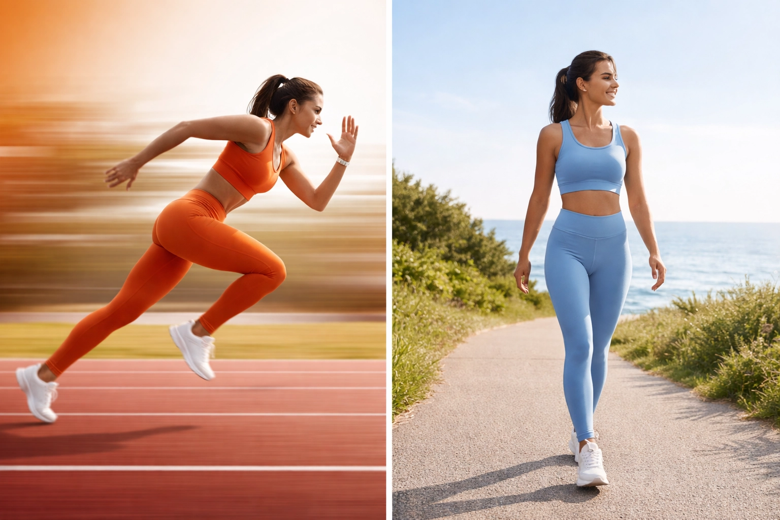 Split image comparing HIIT sprinting and LISS steady walking, illustrating cardio training styles