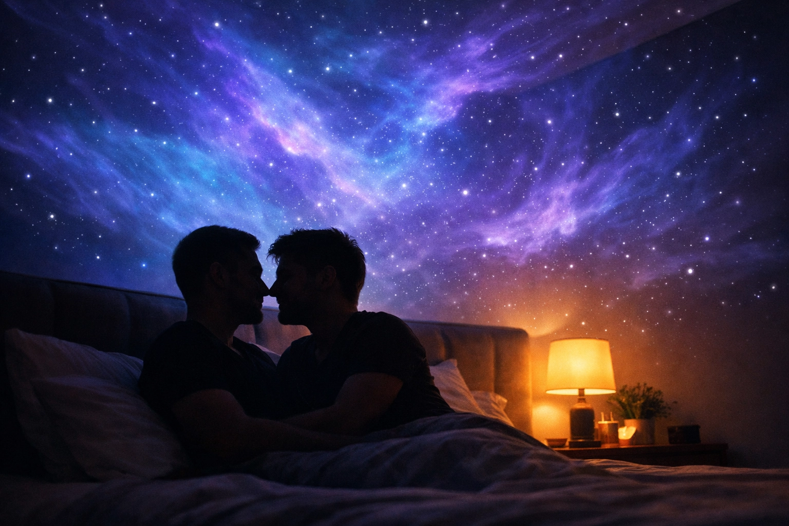 MM couple enjoying a romantic bedroom routine with a calming star projector and soft mood lighting.