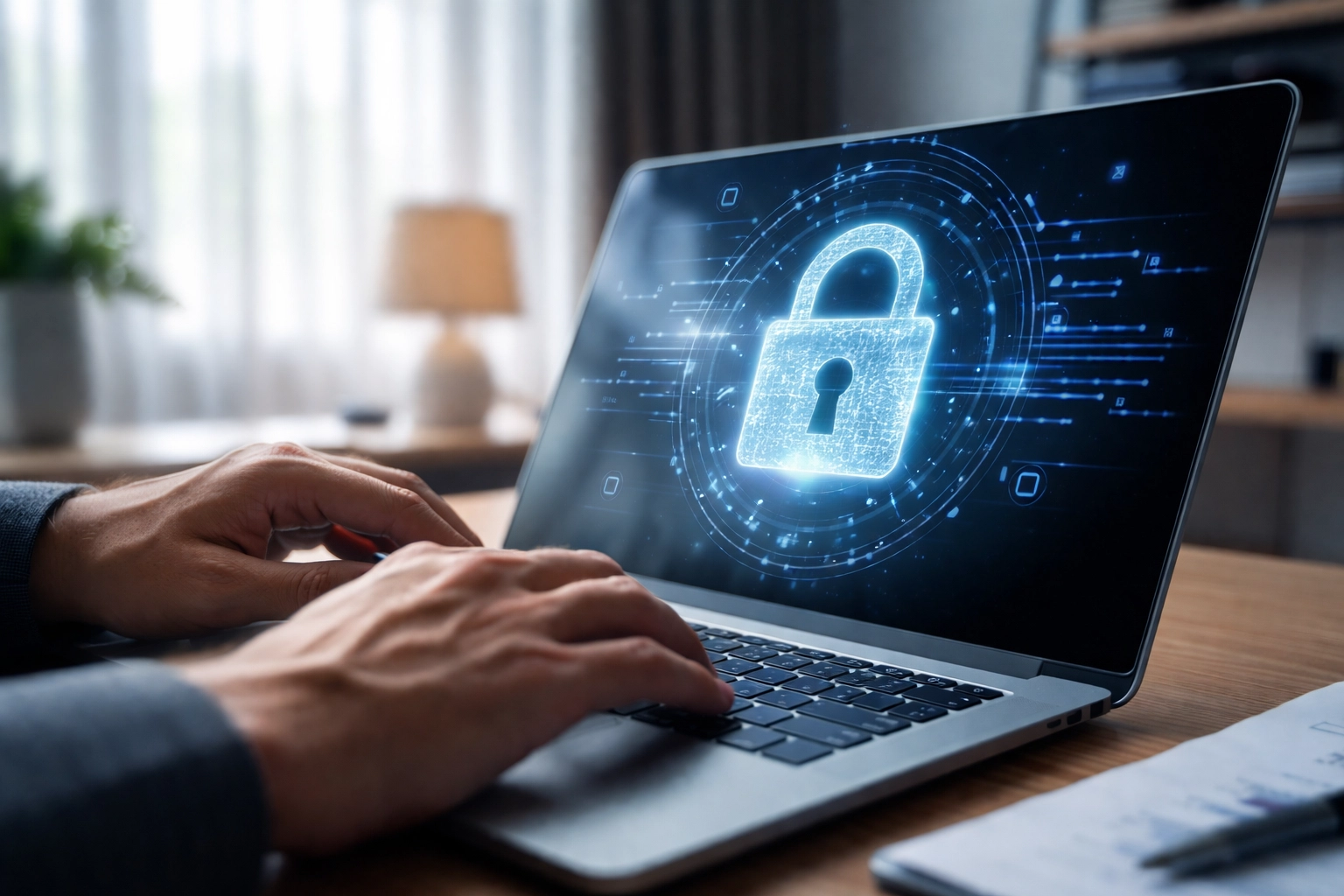 Hands typing on laptop representing secure real estate transactions and wire fraud prevention