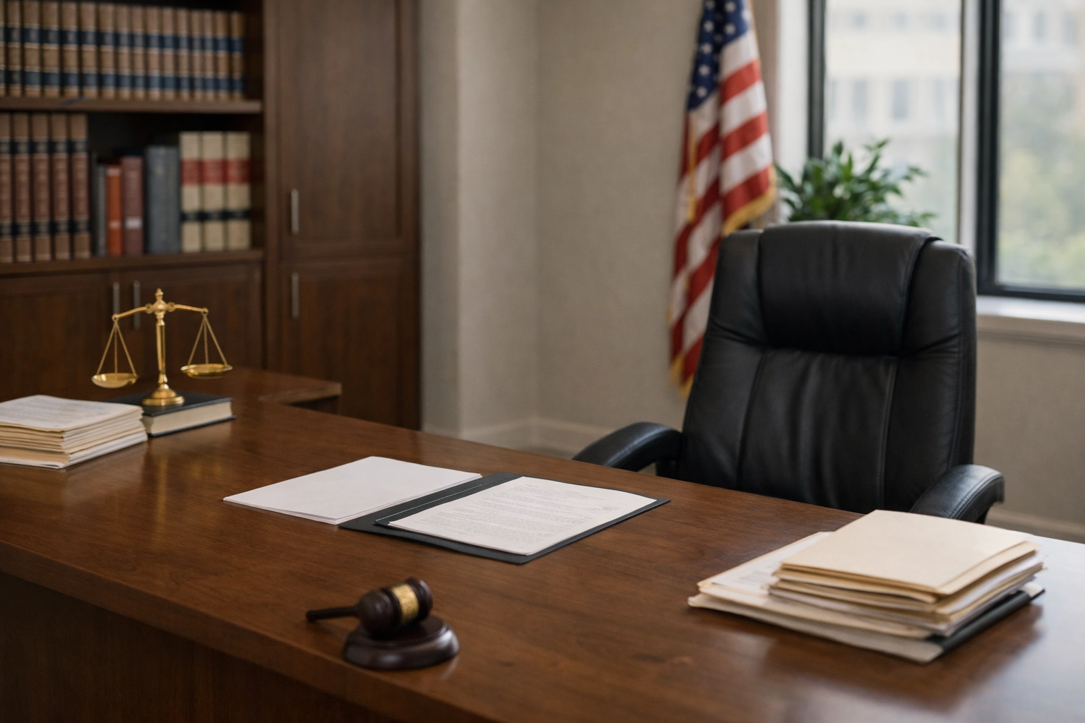 Calm, organized legal workspace with paperwork and soft natural lighting