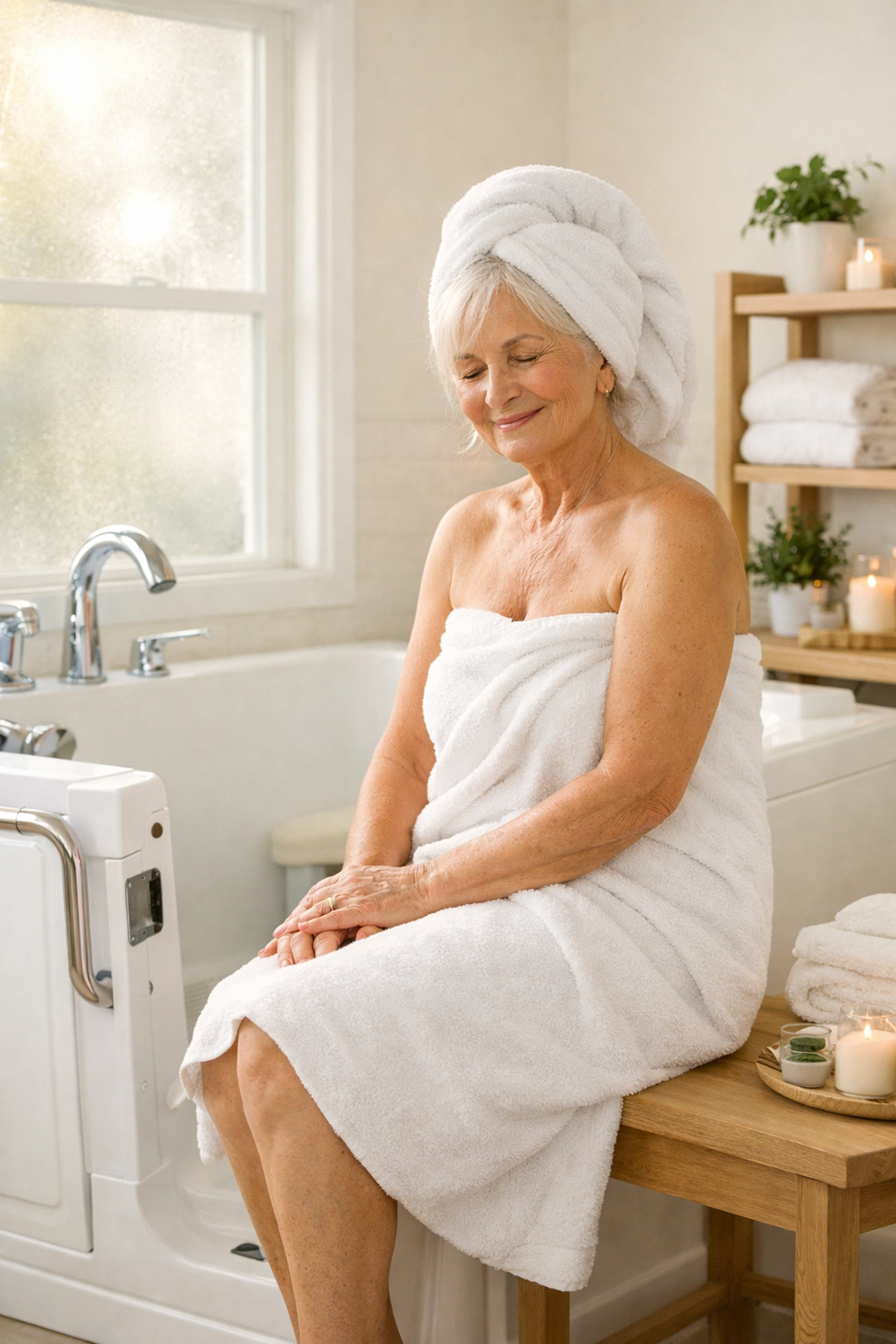 Senior woman safely seated on walk-in tub edge after fast 80-second drain