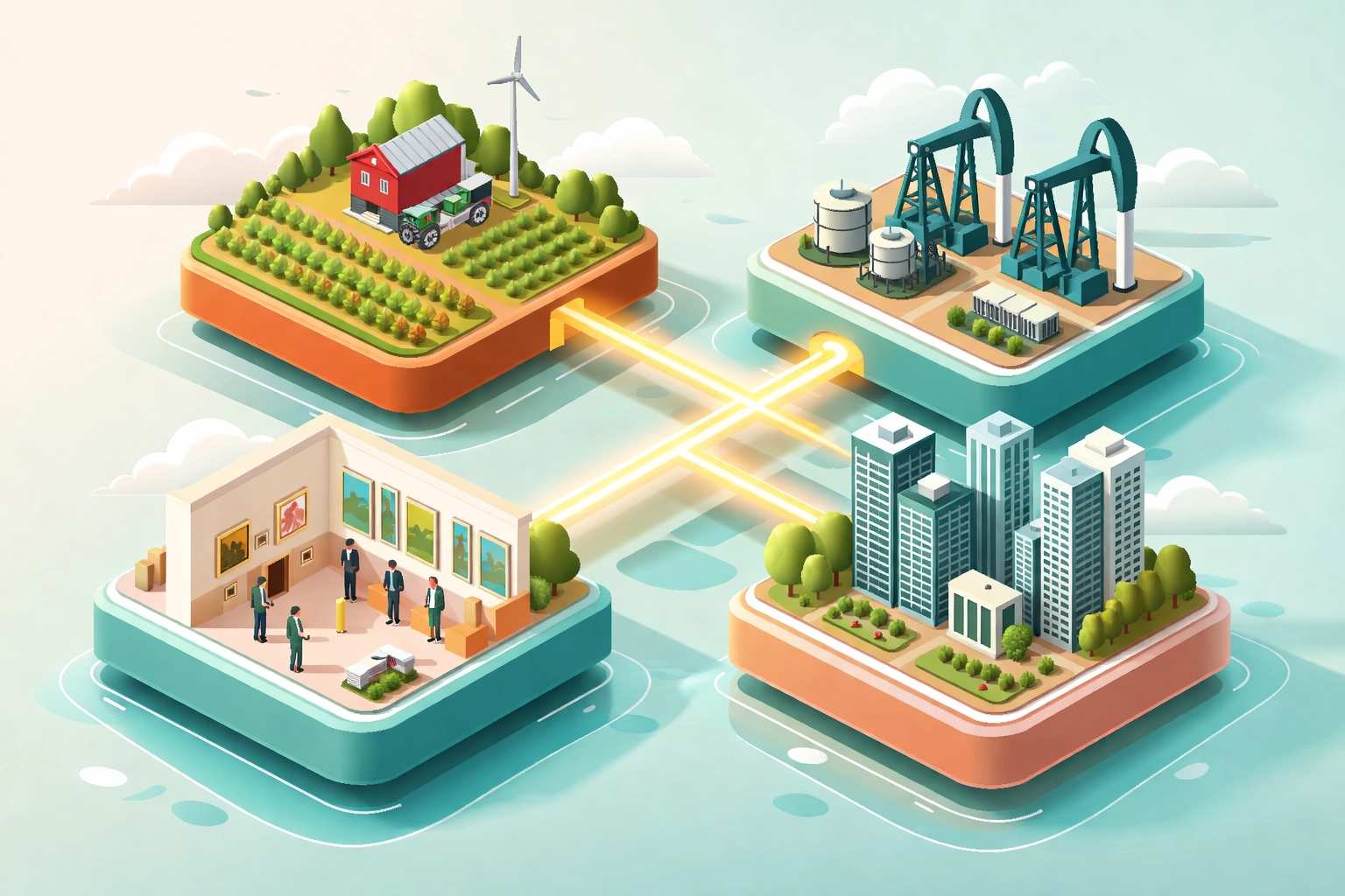 Illustration of diversified investment portfolio with farmland, oil, art, and real estate, showcasing smart diversification.