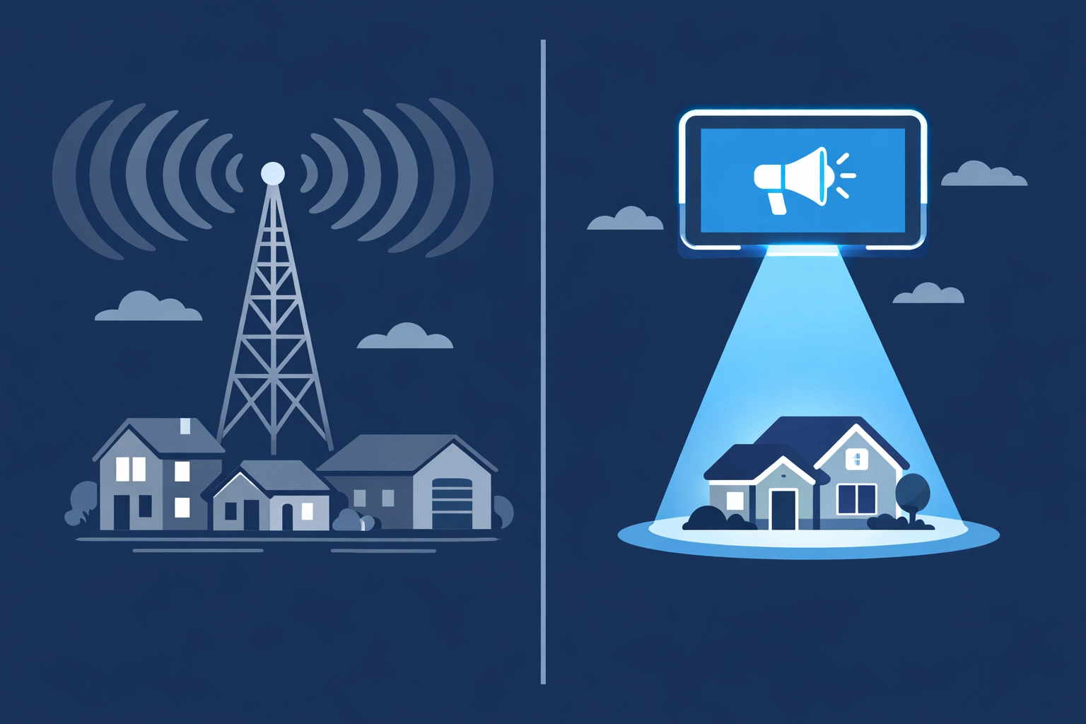 Comparison of wasteful broadcast signals versus precise political streaming TV advertising targeting for candidates.