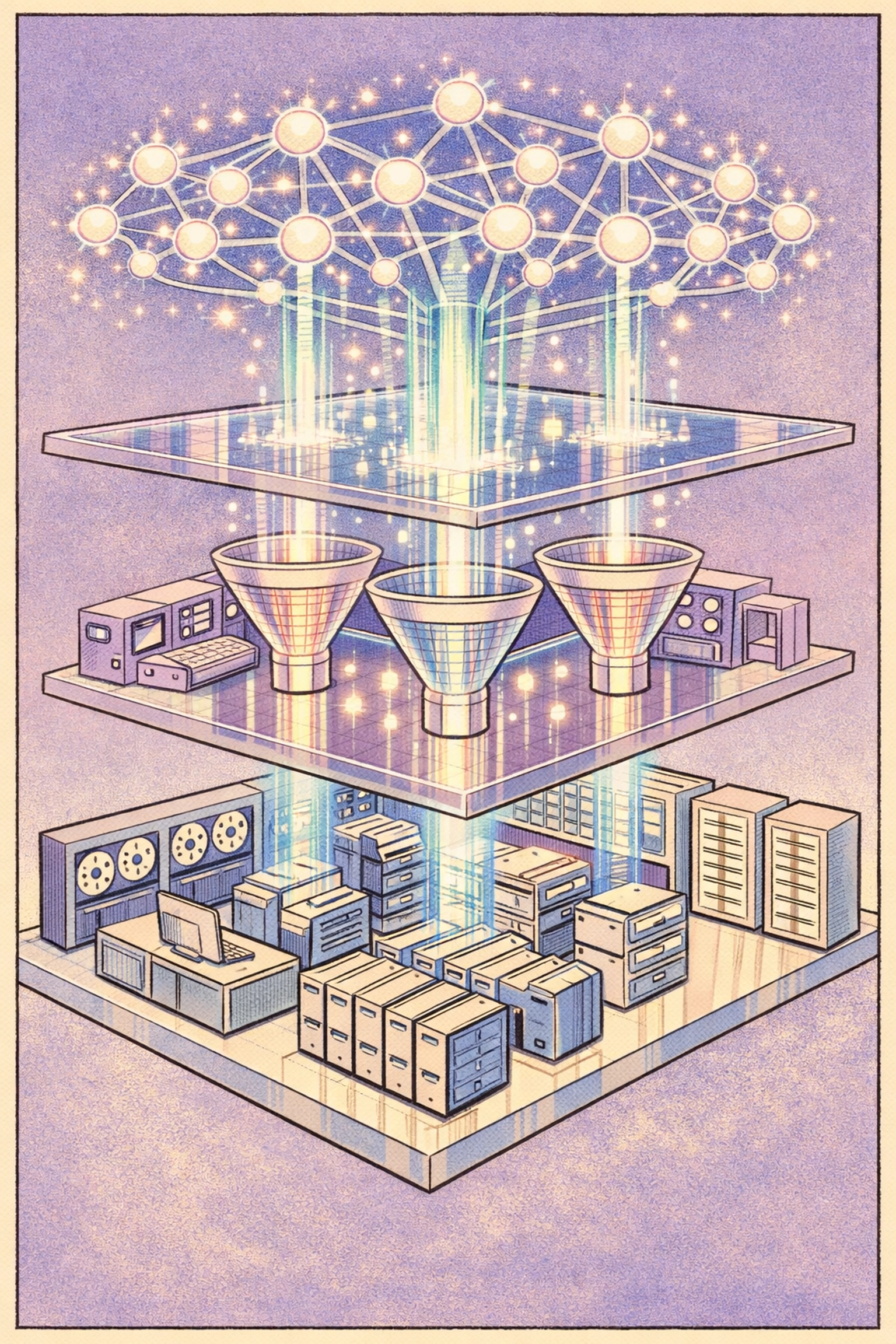 Layered enterprise data infrastructure showing CRM foundation with AI intelligence layer on top
