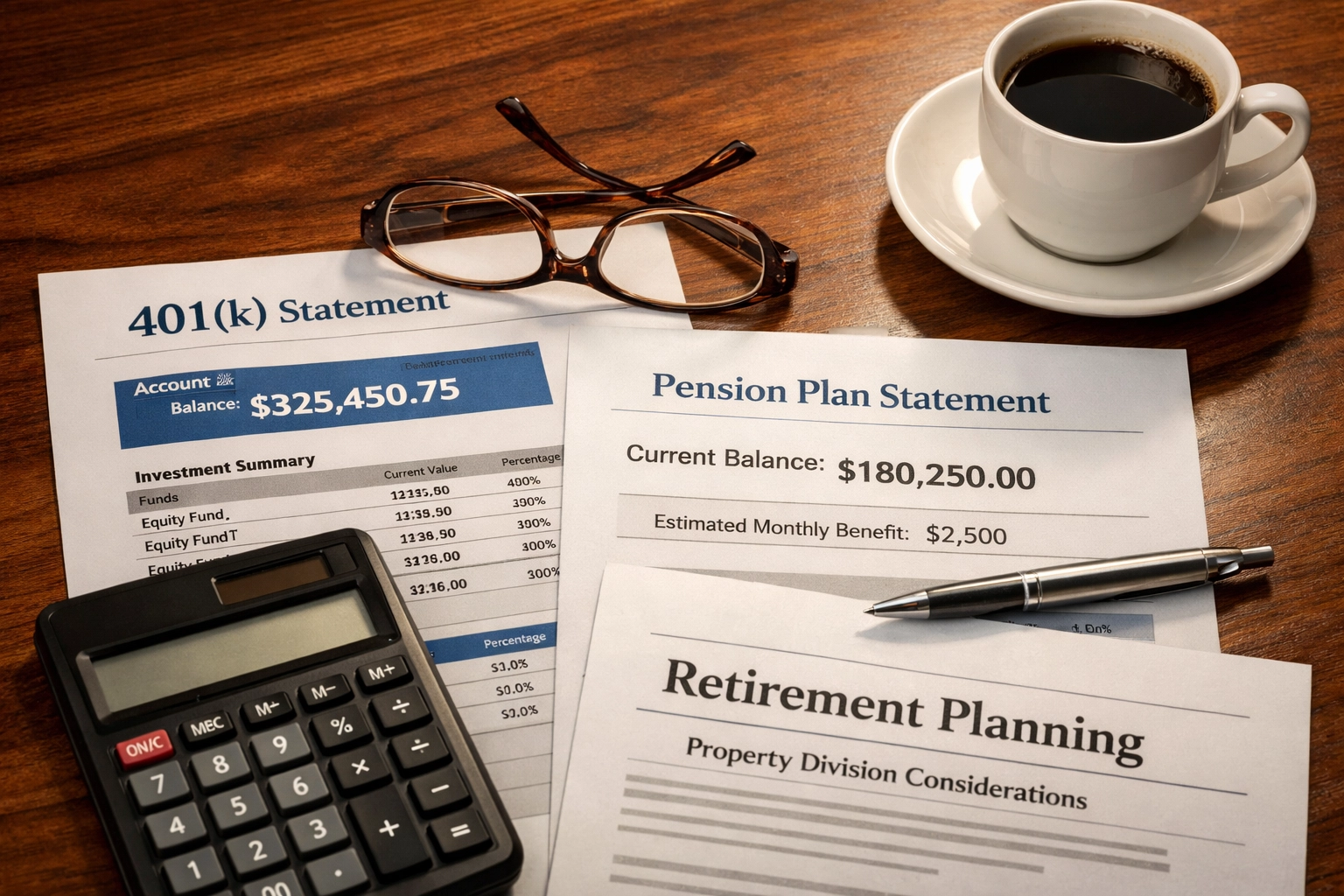Retirement account statements and financial documents for divorce property division planning