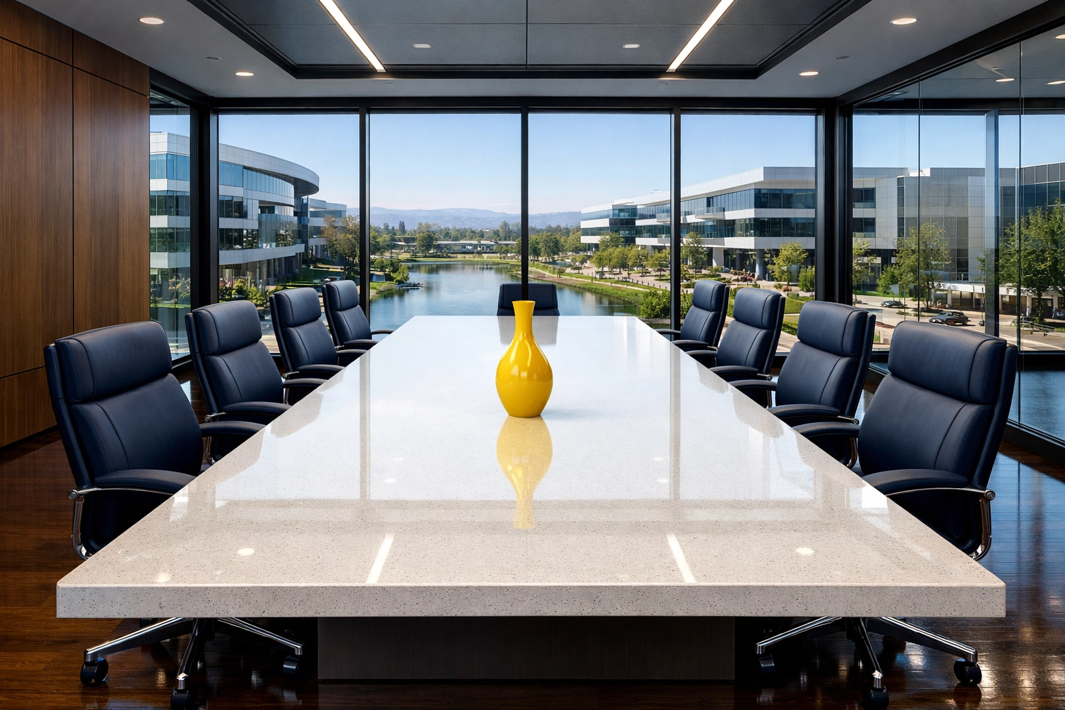 Spotless conference room in Westborough with a polished quartz table and buffed hardwood floors.