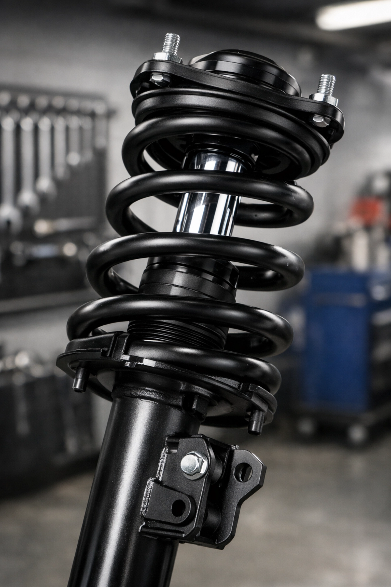 Professional-grade car suspension strut and coil spring assembly for heavy-duty vehicle repair.