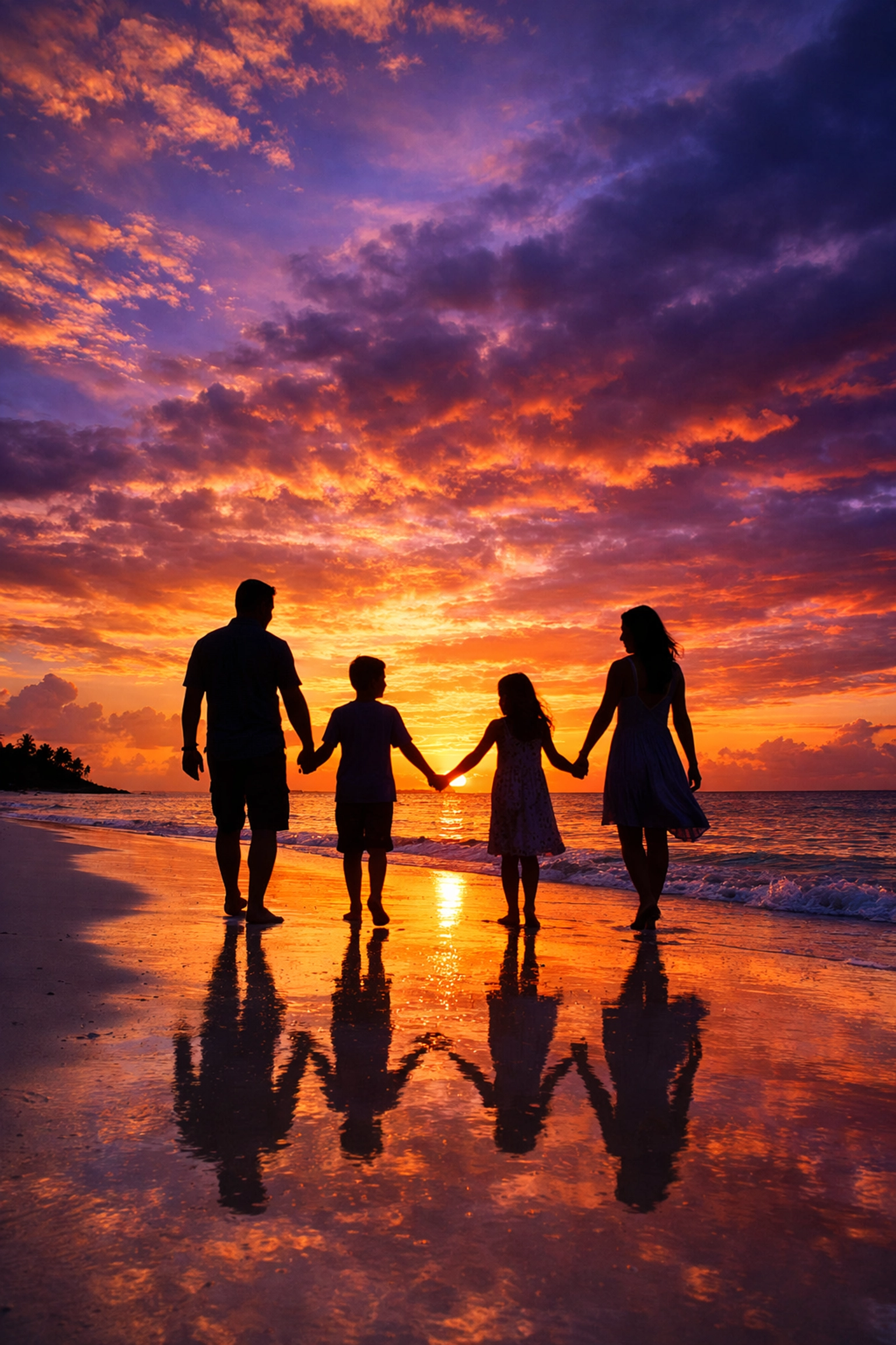 A family walking hand-in-hand on a beach at sunset, enjoying a memorable moment on vacation.