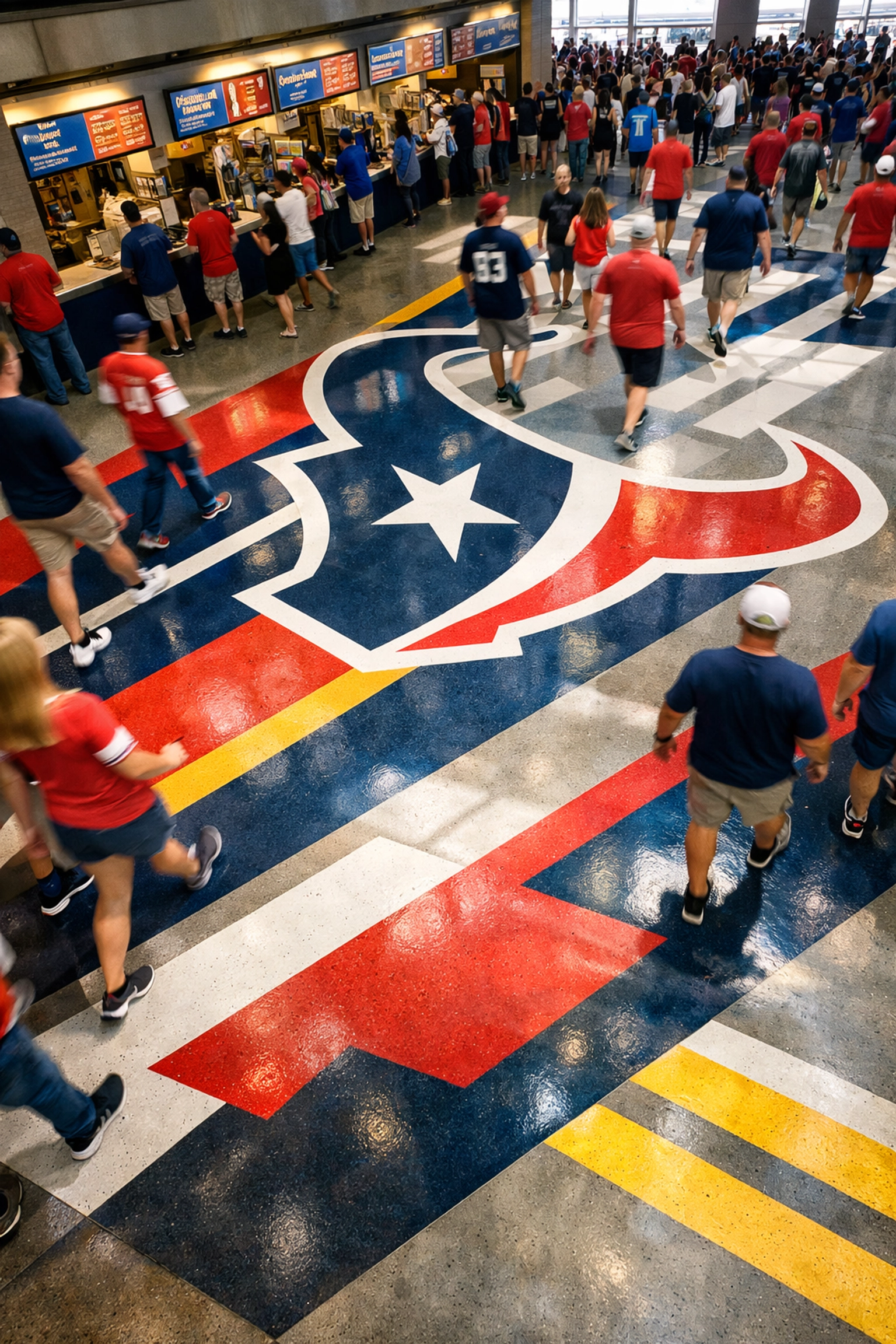 Stadium concourse with branded floor graphics showing OOH advertising touchpoints during game day