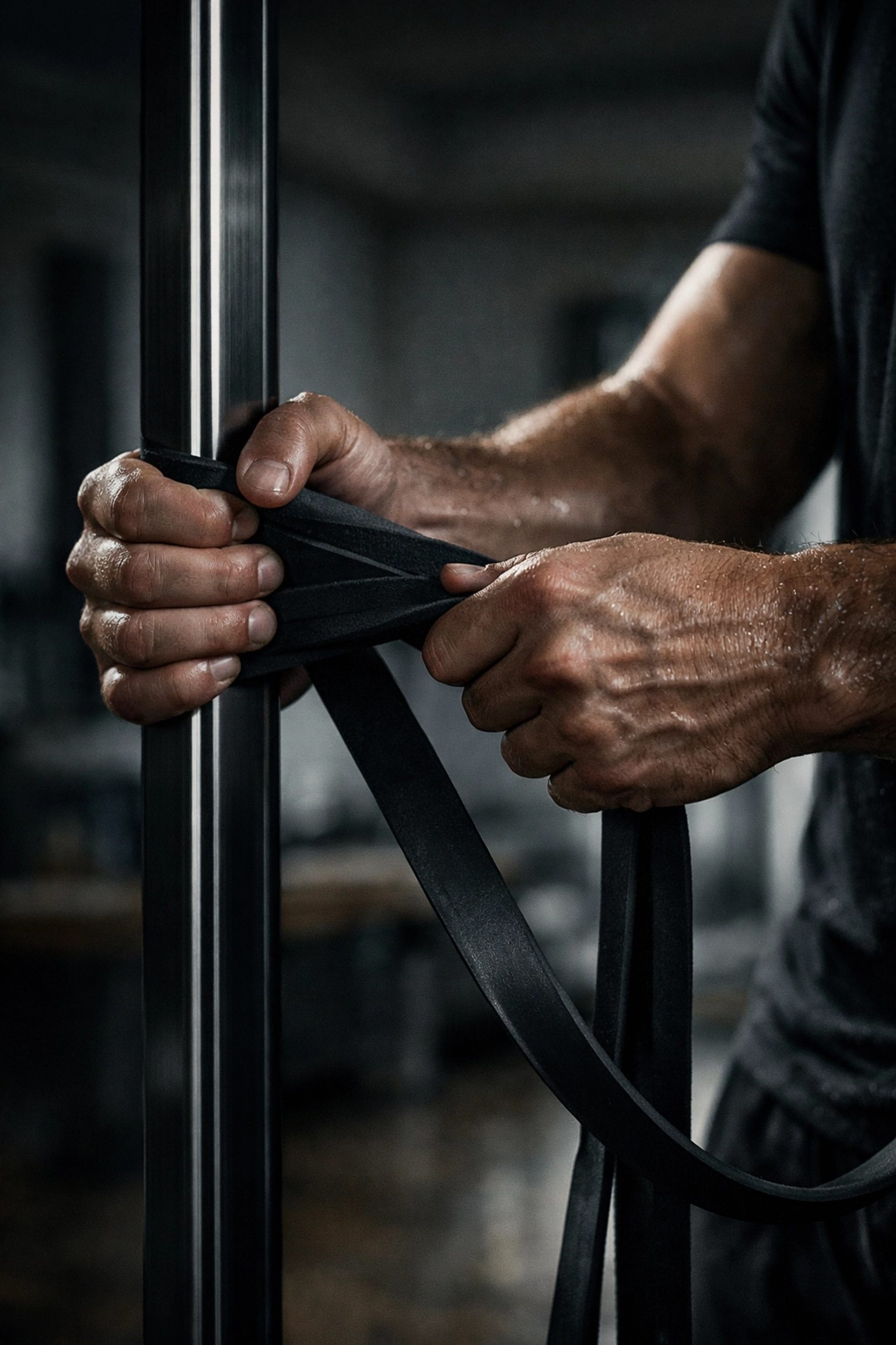Athlete prepping for bodyweight training at home with a resistance training band on a vertical rail.