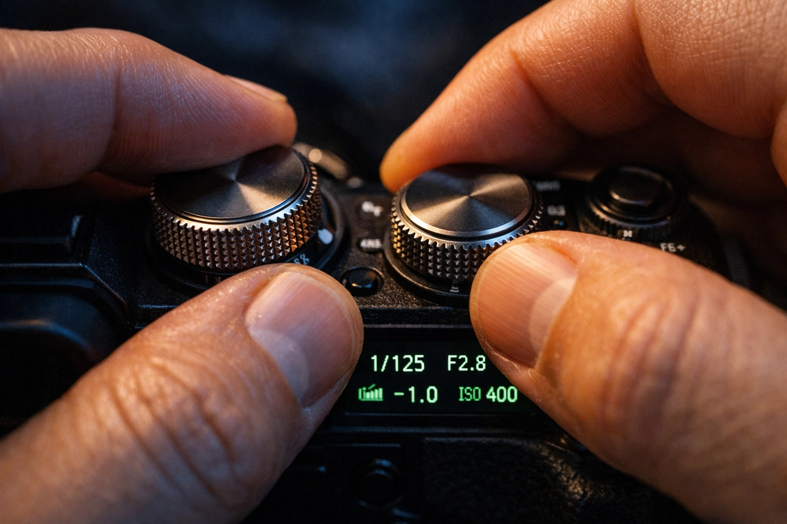 Close-up of hands on camera dials demonstrating how to use manual mode camera settings.