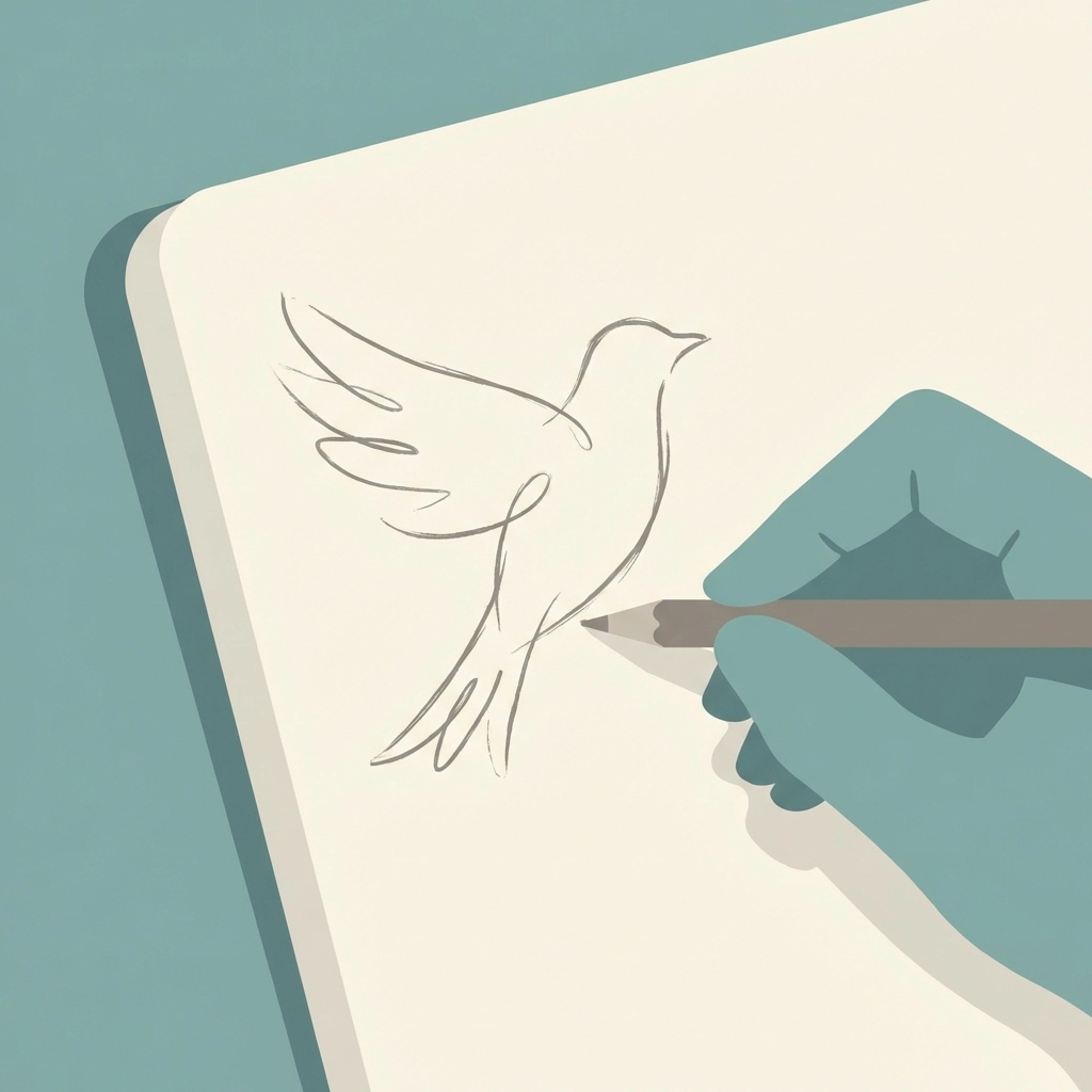 Minimalist drawing of a hand sketching a bird in a notebook, demonstrating simple field journal techniques for farm observations.