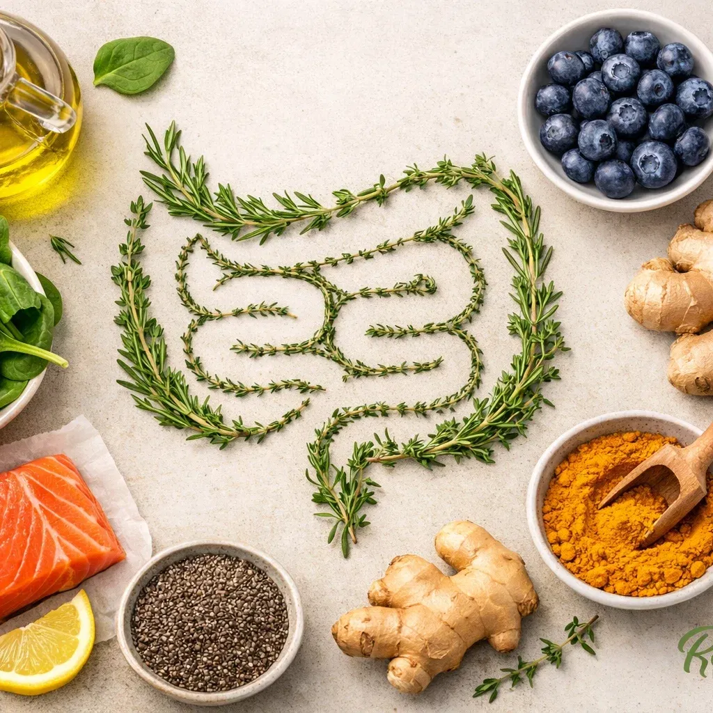 Fresh herbs arranged to resemble a digestive tract, surrounded by nutrient-dense foods like salmon and blueberries.