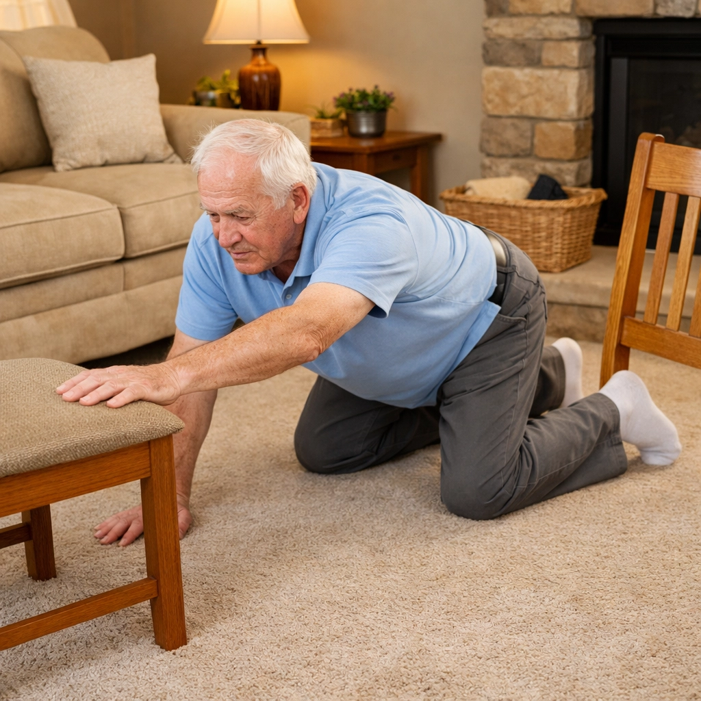 Senior man on hands and knees using chair for support to get up from floor