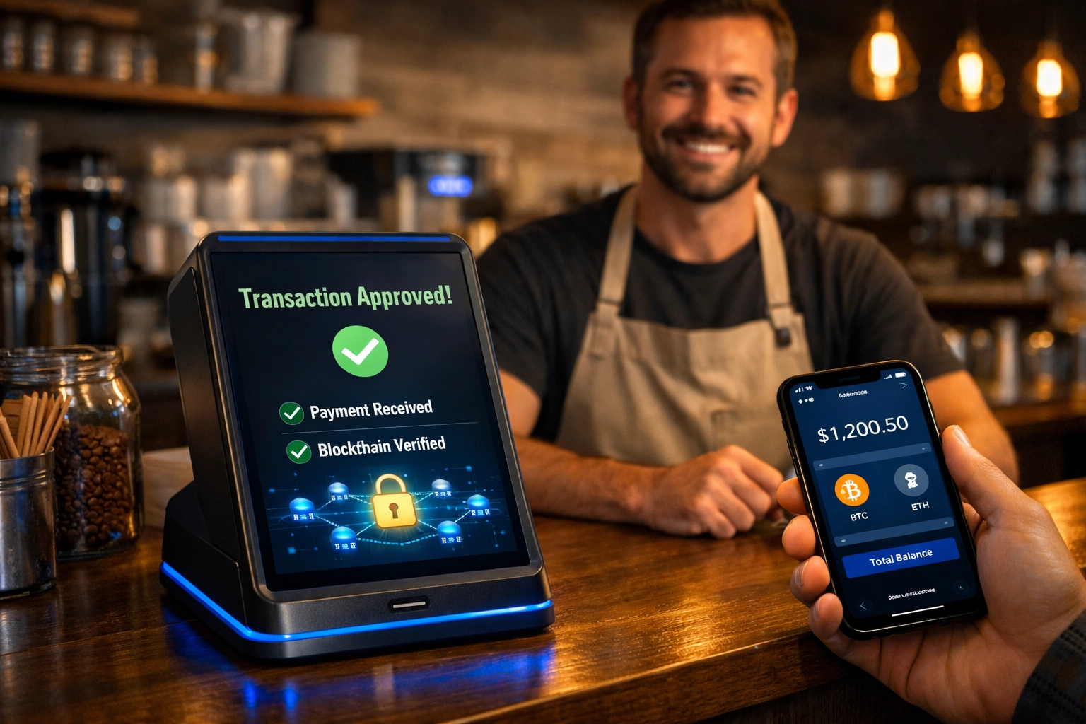 Small business crypto POS system processing Web3 payment transaction at coffee shop counter