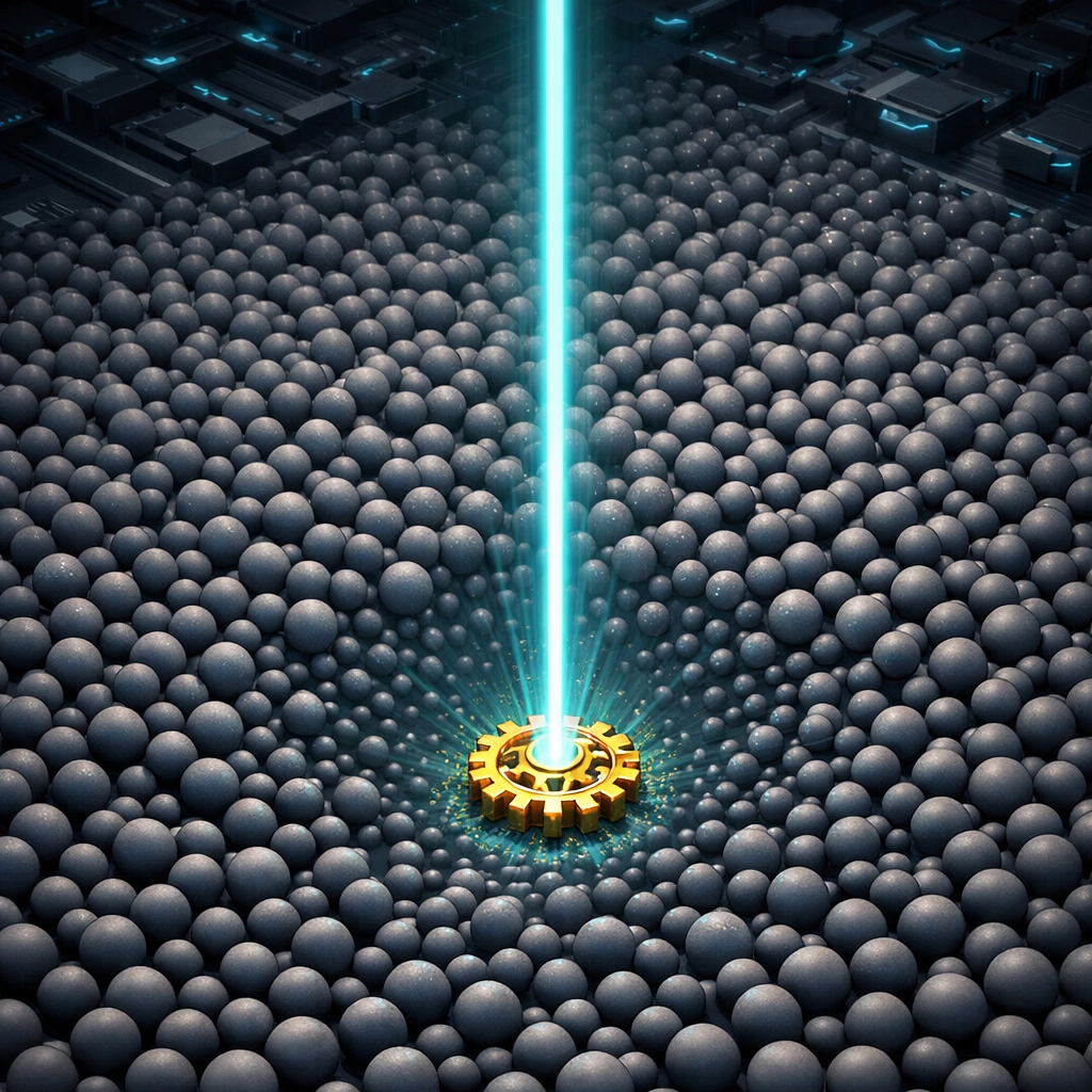 Focused light highlighting a specific podcast niche amidst a vast field of generic digital content.