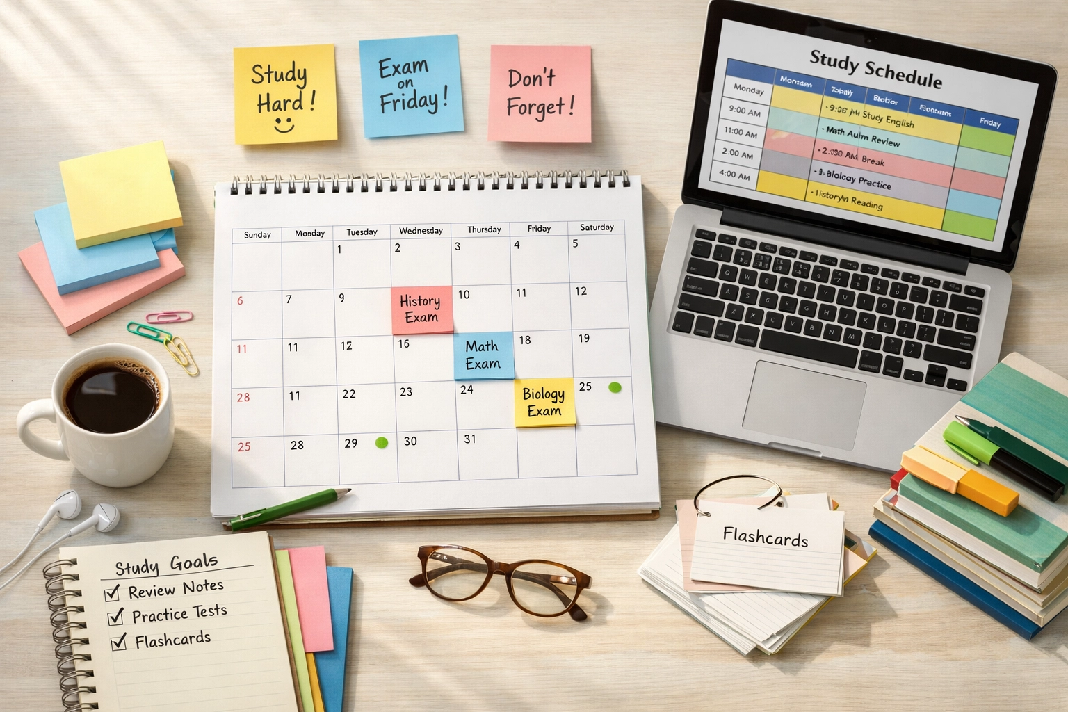 Organized CLEP exam study schedule with calendar and test prep materials (1x1, center safe zone) (1x1, center safe zone)