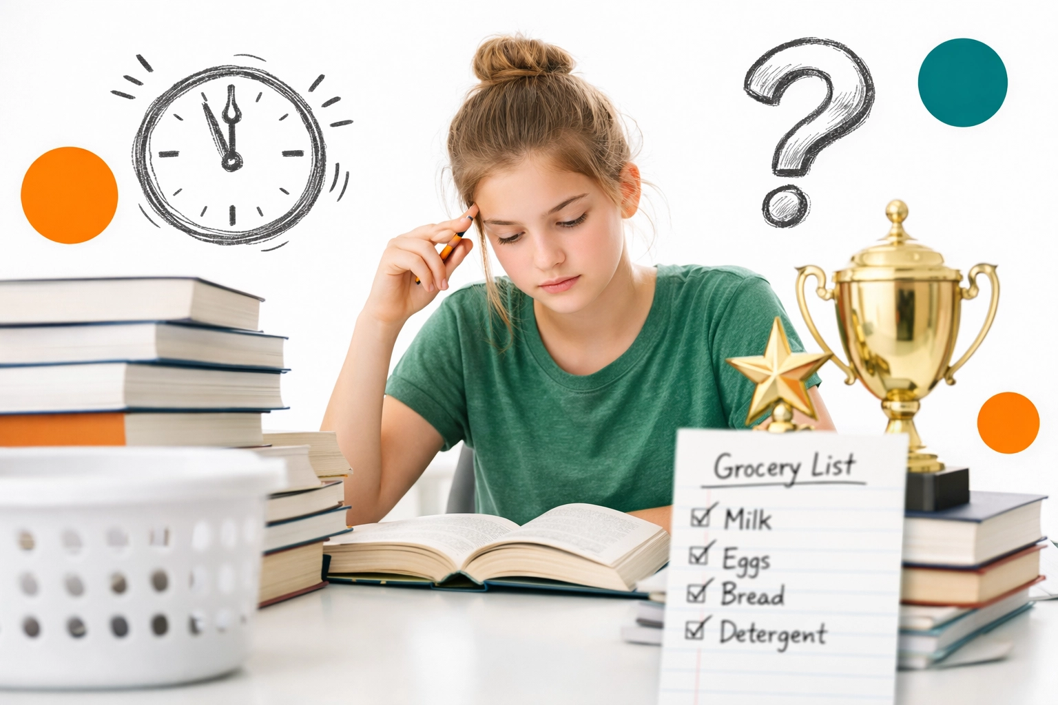 High-achieving teen at a desk with trophies near laundry, highlighting the gap between grades and life skills for teens.