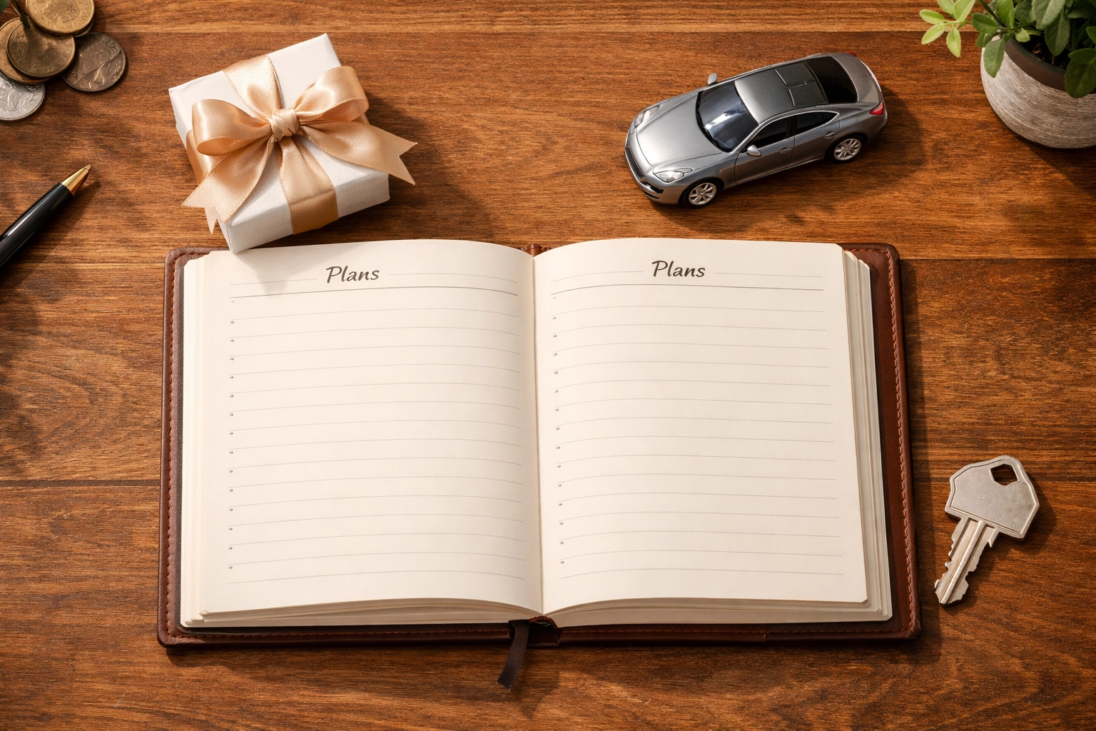 Desk planner with symbols for sinking funds like car savings, home costs, and holiday gifts.